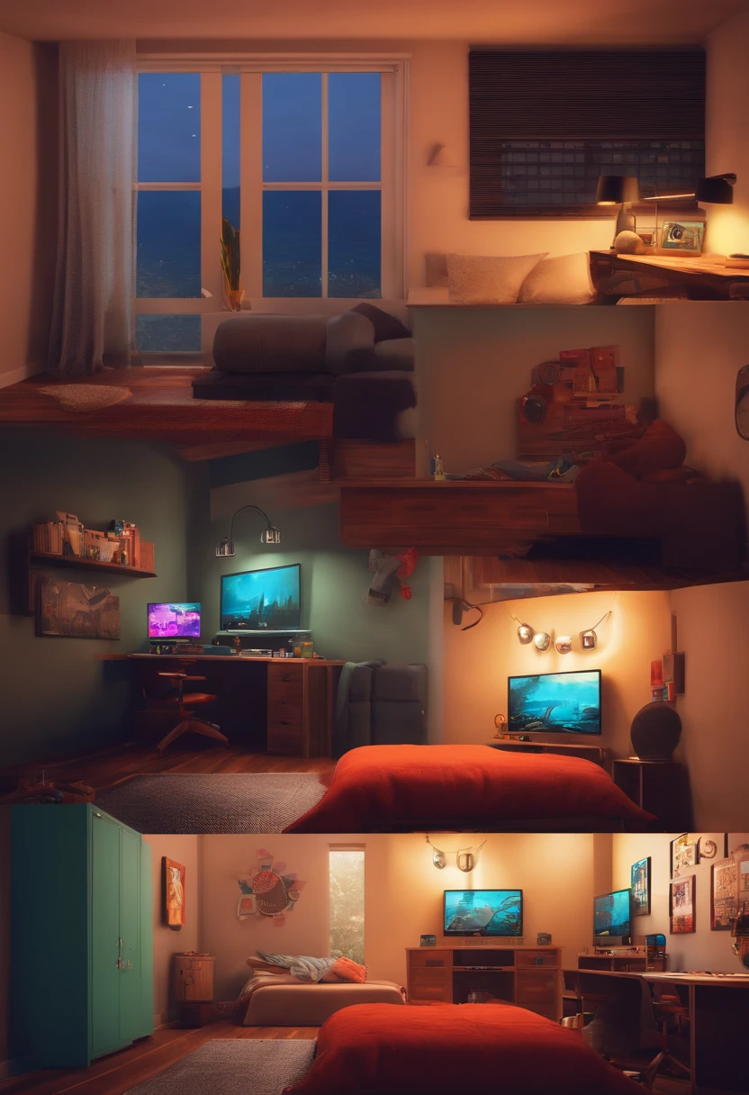 quarto gamer feminino, com garota de cabelo curto cacheado sentada codificando, estilo filmes Pixar,