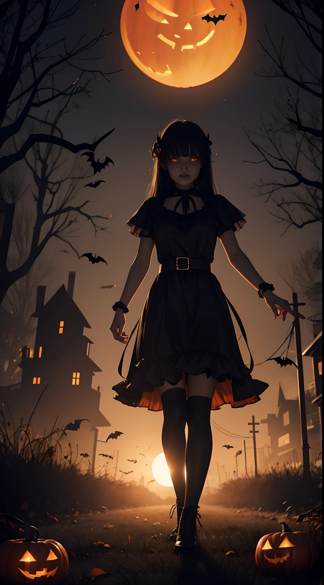 A woman in a dress and boots standing in front of a full moon - SeaArt AI