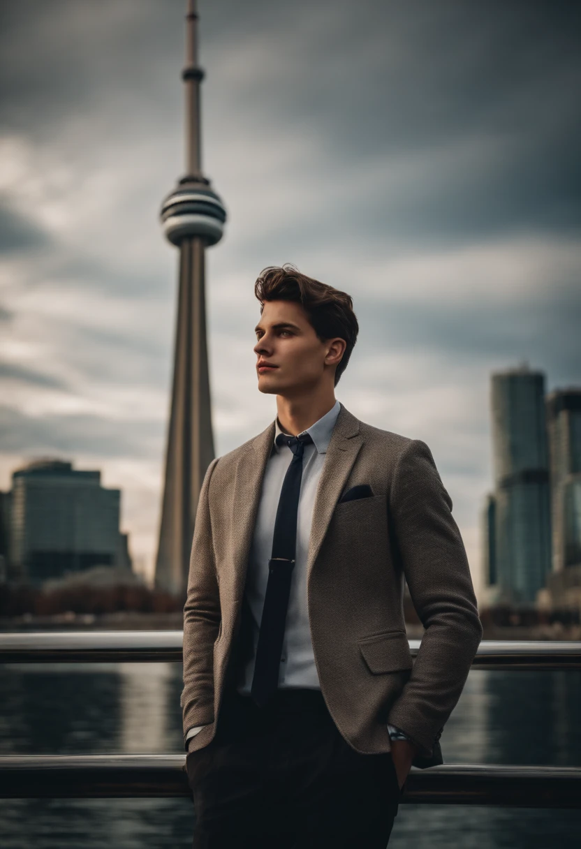 Portrait of a handsome male model in front of CN Tower in Toronto, 18 ans, blazer, sans barbe, with short wavy hair, yeux bleus, thick lips