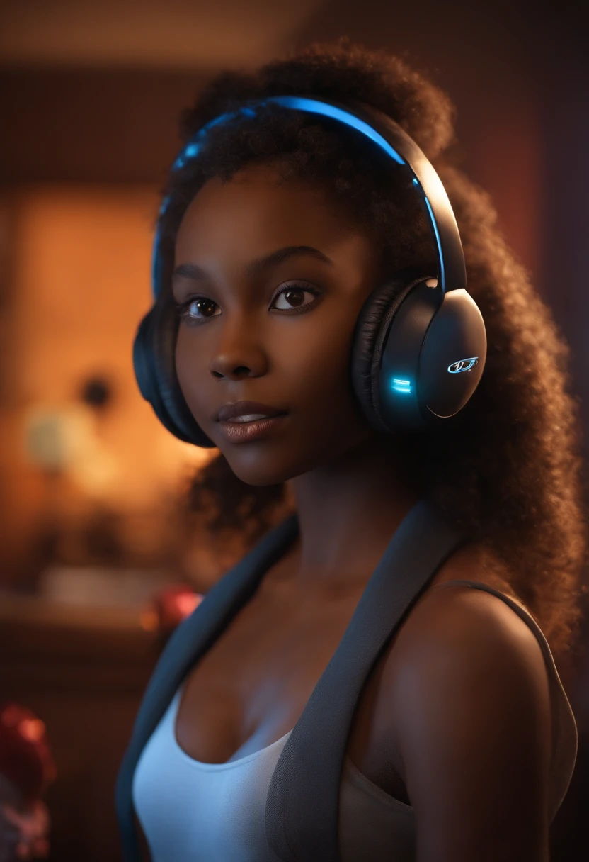 3d poster inspired by Pixar capturing a scene with an adorable arafed naked 13 year old black woman with youthful appearance and dark skin tone, hairless, adult content, perfect pussy, slim face, short beard and slim body, black t-shirt, he is serious wearing a gaming headset in a gaming room with led lights playing competitive games