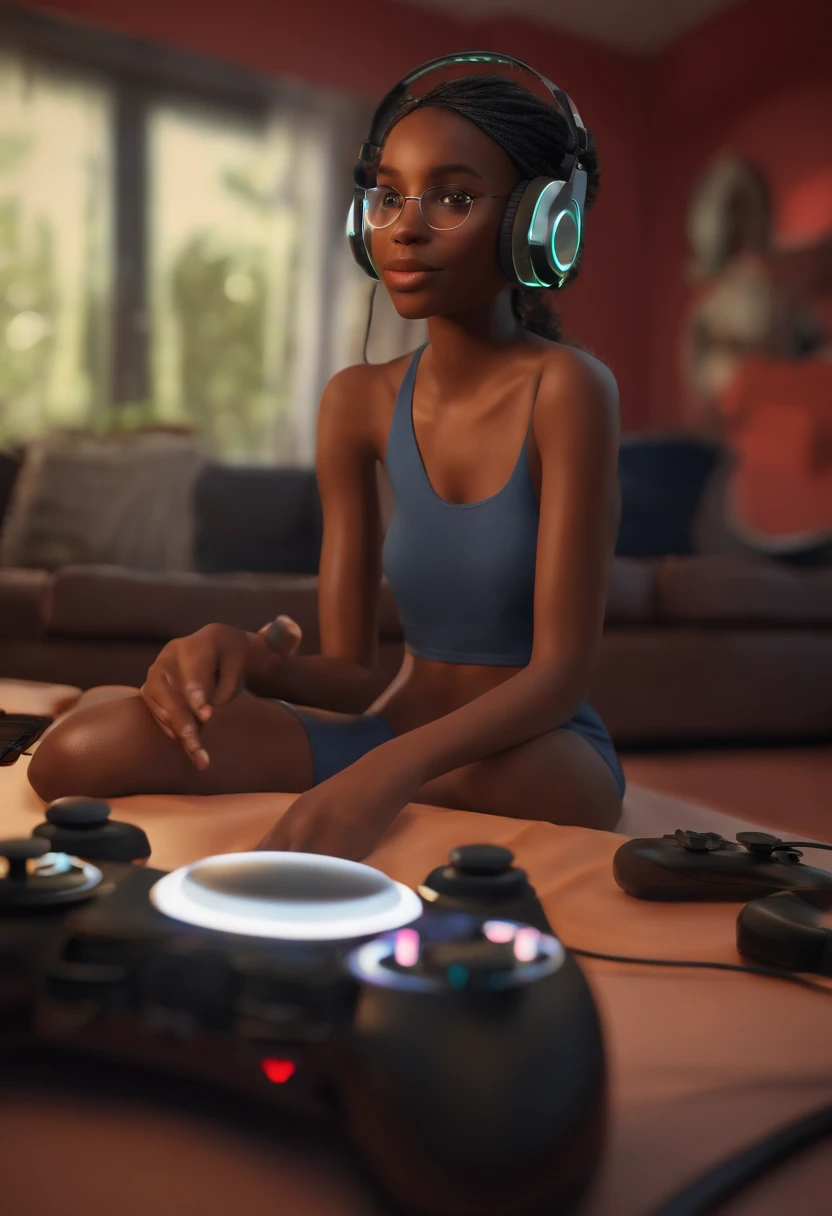 3d poster inspired by Pixar capturing a scene with an adorable arafed naked 13 year old black woman with youthful appearance and dark skin tone, hairless, adult content, perfect pussy, slim face, short beard and slim body, black t-shirt, he is serious wearing a gaming headset in a gaming room with led lights playing competitive games