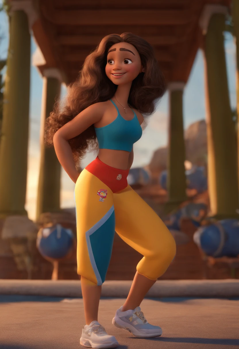 (Pixar 1.23 estilo) 1 ((parte superior do corpo frente, busto tiro)), solo, Beautiful child, pele morena, cabelos levemente cacheados, tracksuit bonita, meninailian child, playground, ((obra-prima, mais alta qualidade)), (composite lighting)