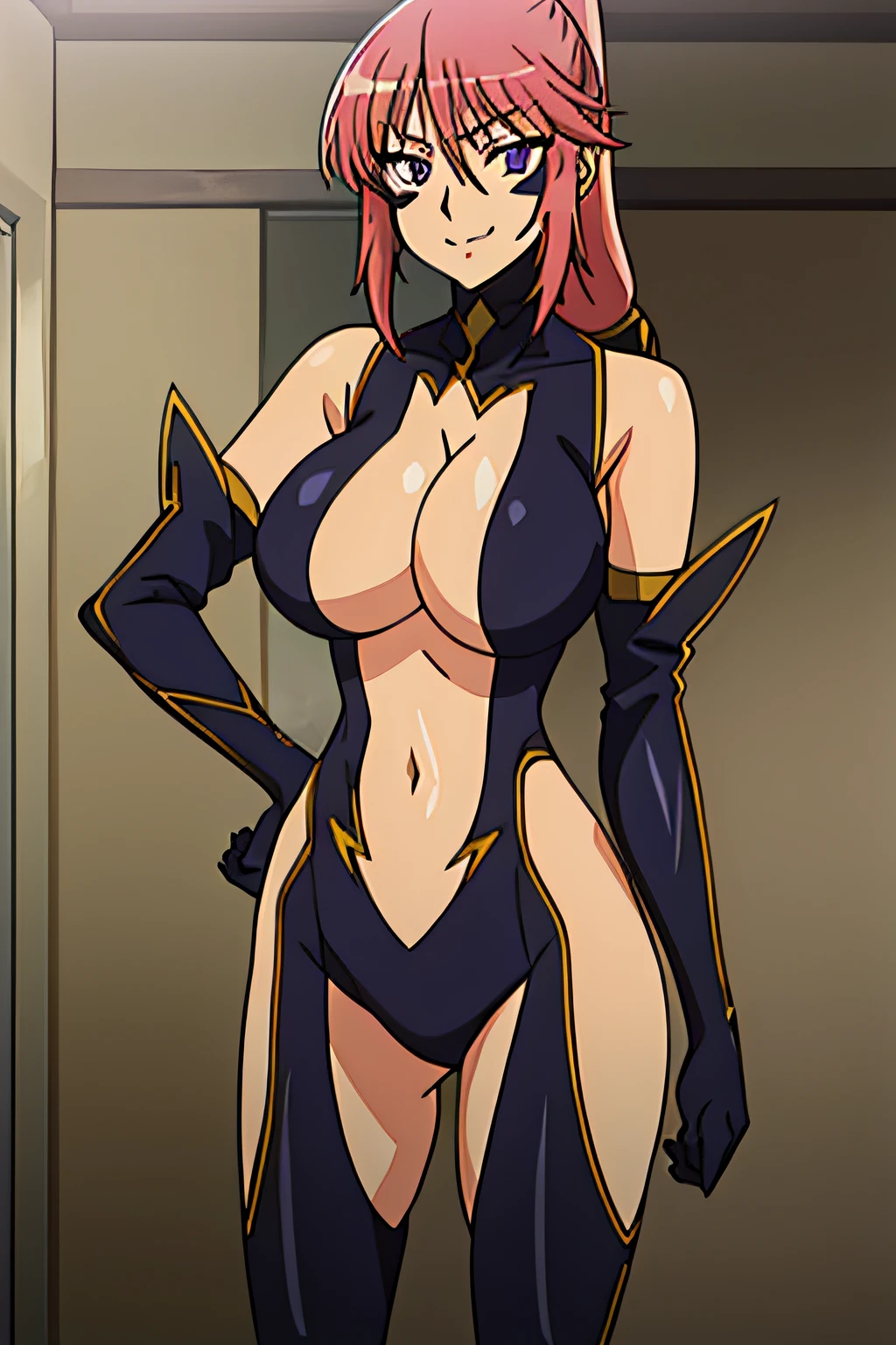 KAYABLANCHE, PURPLE EYES, LOW-TIED LONG HAIR, PONYTAIL, LARGE BREASTS, BLACK BODYSUIT, ELBOW GLOVES, CENTER OPENING, CLEAVAGE, HIP VENT, THIGH CUTOUT, FACIAL MARK, 1girl, solo, facing viewer, looking at viewer, upper body, smile.