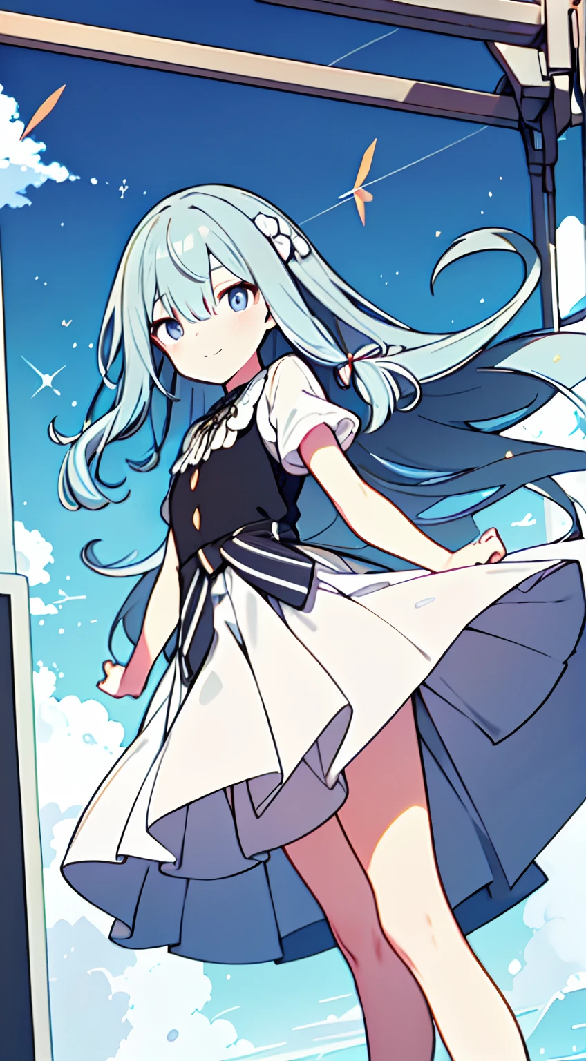 masuter piece, Best Quality,32K、Wallpaper, ultra -detail, Absurd beauty, 1beautiful girl、Big crisp eyes、Hair fluttering in the wind、Slender legs、Make your head smaller、miscievous smile、Angle looking up from below:1.3、♡♡♡、(Poses in motion)、Angle from the waist up only