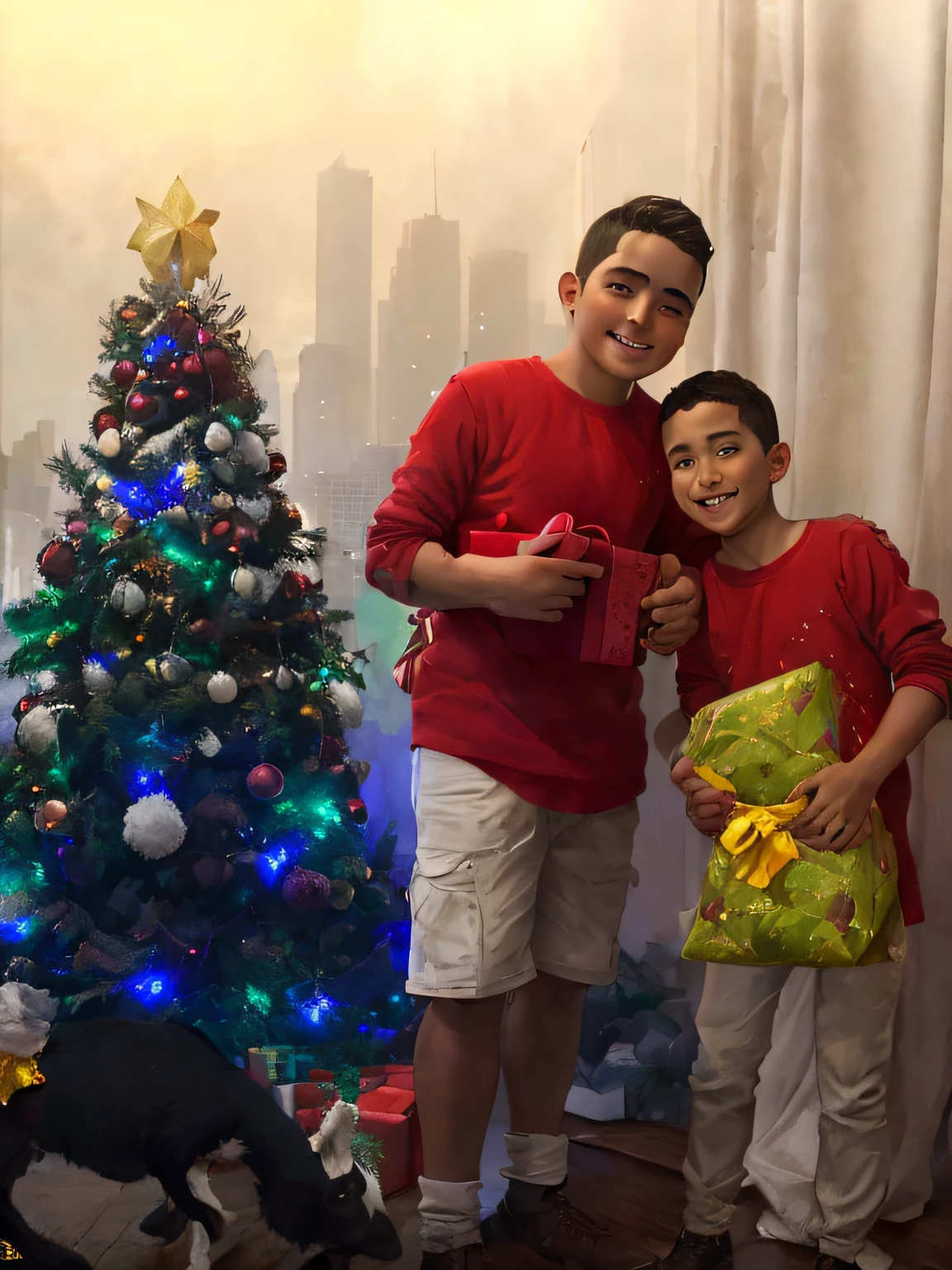Two boys next to a Christmas tree with a bag of gifts, Pablo Carpio e Jordan Grimmer, Feliz!!!, facebook post, giving gifts to people, cabrito, Directed by: Nandor Soldier, Apresenta, fotografia de perfil, Jose Miguel Romano Francisca, JoSan Gonzalez e Tyler Edlin, fotografia, Bowater Charlie e Brom Gerald, Rapazes
