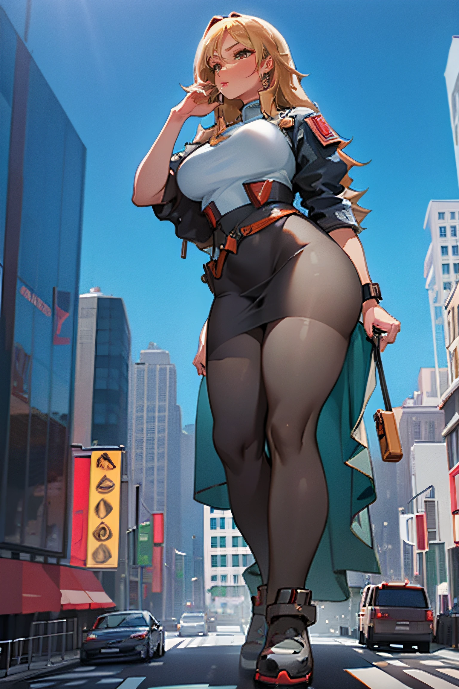 (huge, giantess size gorgeous woman:1 )walking near tiny skycrapper 8k, masterpiece, higly realistic, higly detailed, 8k