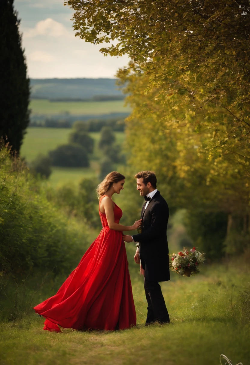 beautiful french women, flowing red dress, portait photography, smiling at her french well-dressed model husband, beautiful day, french countryside, models make up one half of the shot, medium to large bust