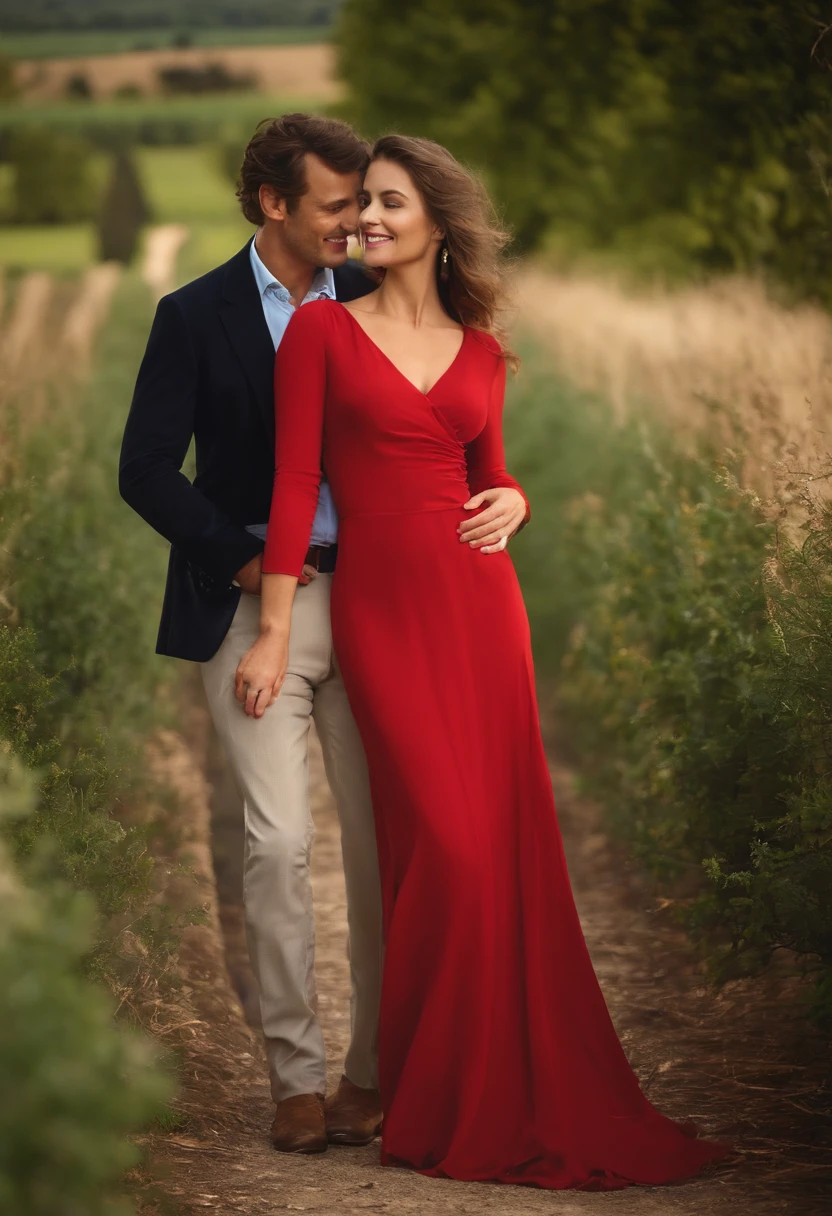 beautiful french women, flowing red dress, portait photography, smiling at her french well-dressed model husband, beautiful day, french countryside, models make up one half of the shot, medium to large bust