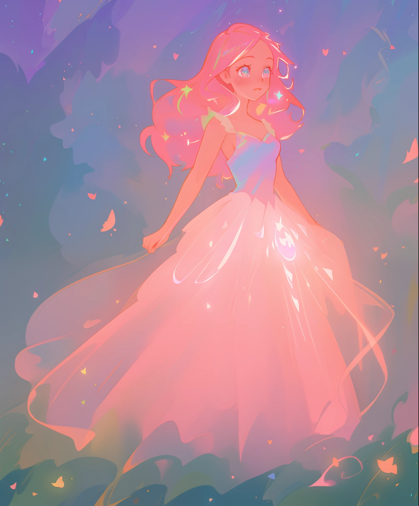 beautiful girl, ((puffy shimmering multi-layered ballgown)), vibrant pastel colors, (colorful), long flowing hair, magical lights, sparkling magical liquid, inspired by Glen Keane, inspired by Lois van Baarle, disney art style, by Lois van Baarle, glowing aura around her, by Glen Keane, jen bartel, glowing lights! digital painting, flowing glowing hair, glowing flowing hair, beautiful digital illustration, fantasia background, whimsical, magical, fantasy, ((masterpiece, best quality)), intricate details, highly detailed, sharp focus, 8k resolution, sparkling detailed eyes, liquid watercolor