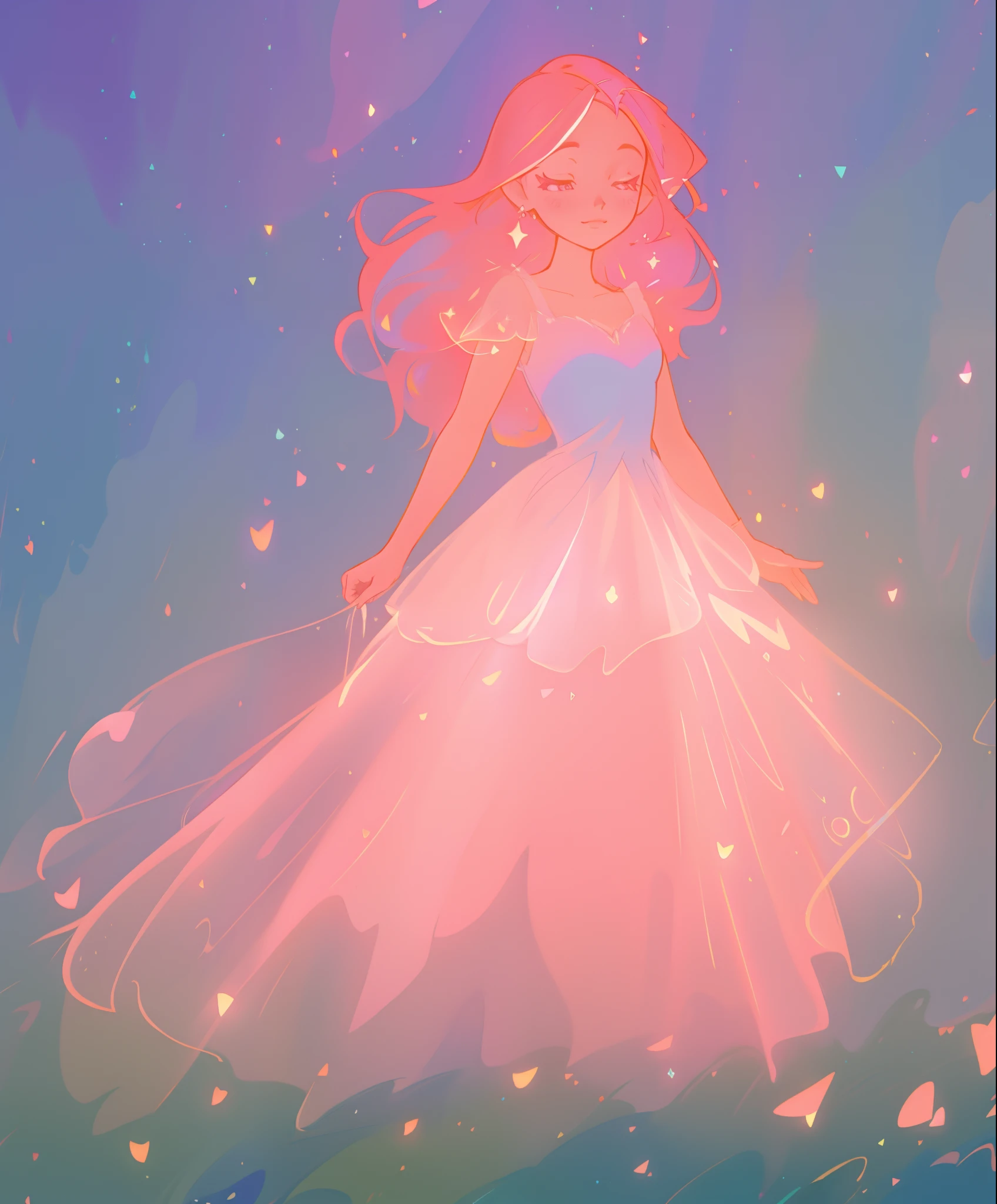 beautiful girl, ((puffy shimmering multi-layered ballgown)), vibrant pastel colors, (colorful), long flowing hair, magical lights, sparkling magical liquid, inspired by Glen Keane, inspired by Lois van Baarle, disney art style, by Lois van Baarle, glowing aura around her, by Glen Keane, jen bartel, glowing lights! digital painting, flowing glowing hair, glowing flowing hair, beautiful digital illustration, fantasia background, whimsical, magical, fantasy, ((masterpiece, best quality)), intricate details, highly detailed, sharp focus, 8k resolution, sparkling detailed eyes, liquid watercolor