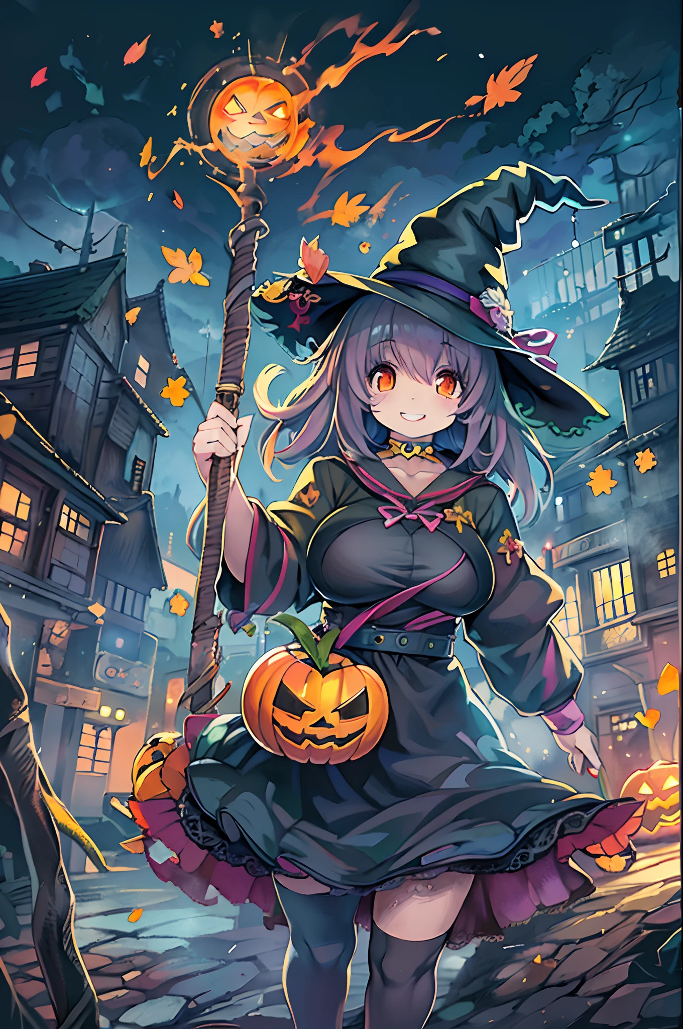 masutepiece, Best Quality, Charming Halloween 8 year old witch, Random coloring,2D, planar vector, T-shirt design, Colorful splashes, Fantasy Art, Watercolor effect,Digital Painting, white bg, 8K、night cityscape,bbw,Anime style