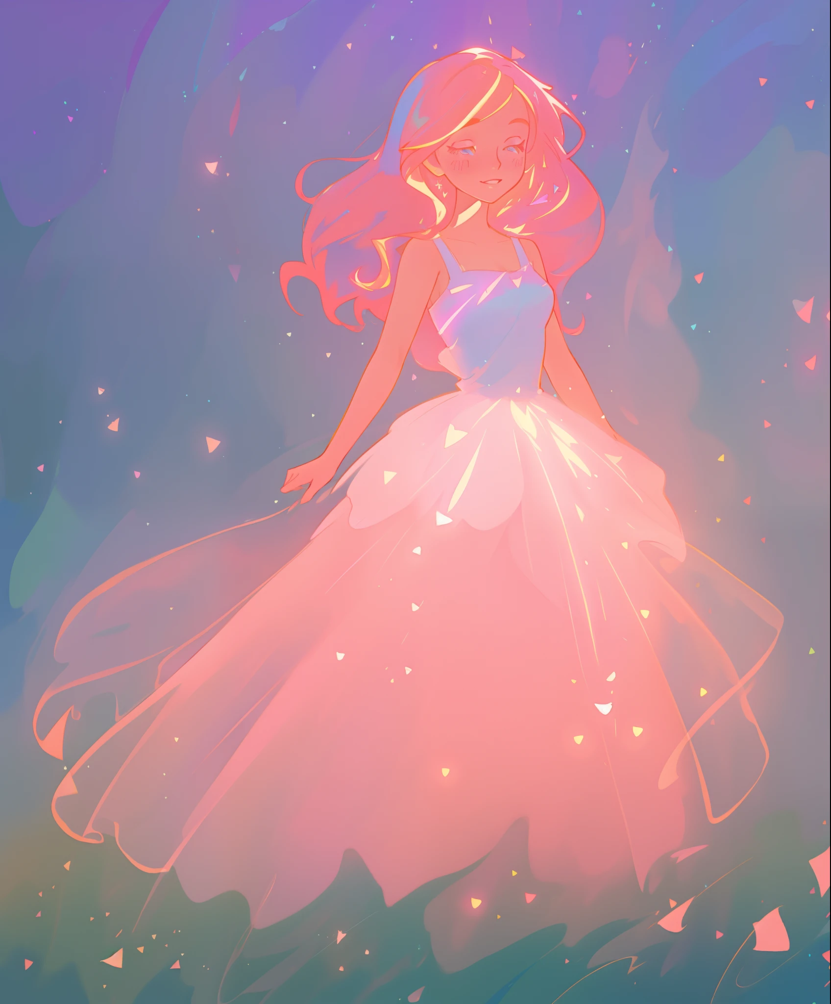 beautiful girl, ((puffy shimmering multi-layered ballgown)), vibrant pastel colors, (colorful), long flowing hair, magical lights, sparkling magical liquid, inspired by Glen Keane, inspired by Lois van Baarle, disney art style, by Lois van Baarle, glowing aura around her, by Glen Keane, jen bartel, glowing lights! digital painting, flowing glowing hair, glowing flowing hair, beautiful digital illustration, fantasia background, whimsical, magical, fantasy, ((masterpiece, best quality)), intricate details, highly detailed, sharp focus, 8k resolution, sparkling detailed eyes, liquid watercolor
