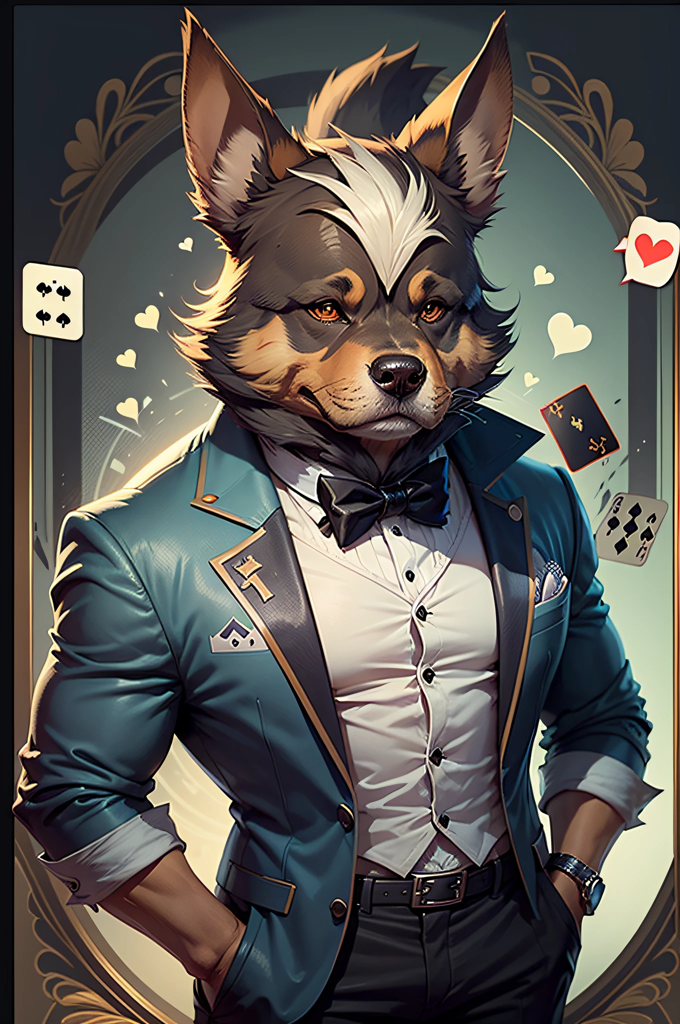 (A man with a dignified beard dressed as Jack the Playing Card)comic strip、Anthropomorphic Doberman dog、The background is a frame of playing cards, 11