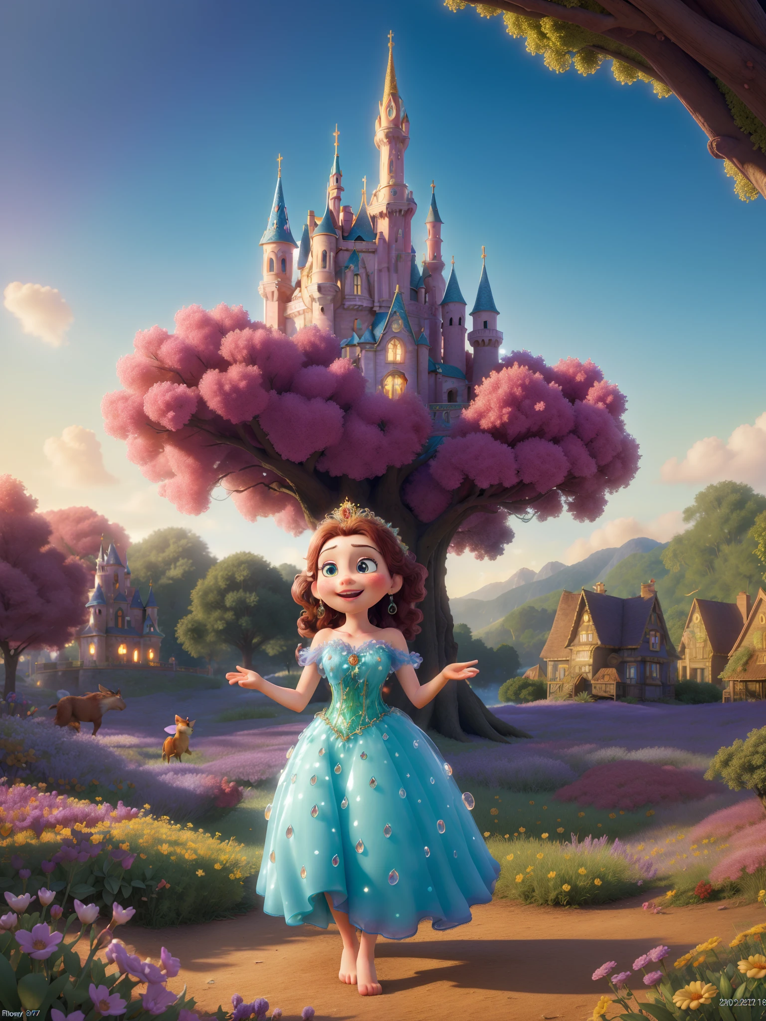 ultra-detailed, highres, HDR, masterpiece:1.2, realistic, vibrant colors, Disney Pixar style, lifelike rendering, beautiful princess, magical ambiance, enchanting atmosphere, whimsical setting, dreamlike landscape, fairy tale-inspired, sparkling lights, fluid brushstrokes, intricate details, imaginative storytelling, visually stunning, captivating composition, ethereal beauty, fantasy realm, charming characters, dynamic poses, lively expressions, playful interaction, magical creatures, vibrant costumes, joyful atmosphere, colorful palette, dreamy clouds, glowing sun, whimsical flowers, sparkling water, misty forest, mystical castle, cinematic quality, professional illustration, intricate textures, full of emotion, magical moments