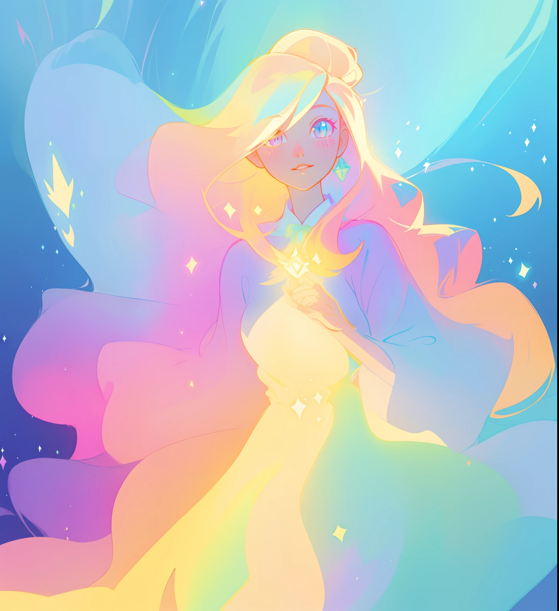 beautiful girl, flowing multi-color gradient dress, vibrant pastel colors, (colorful), long flowing colorful hair, magical lights, sparkling magical liquid, inspired by Glen Keane, inspired by Lois van Baarle, disney art style, by Lois van Baarle, glowing aura around her, by Glen Keane, jen bartel, glowing lights! digital painting, flowing glowing hair, glowing flowing hair, beautiful digital illustration, fantasia background, whimsical, magical, fantasy, ((beautiful face)), ((masterpiece, best quality)), intricate details, highly detailed, sharp focus, 8k resolution, sparkling detailed eyes, liquid watercolor