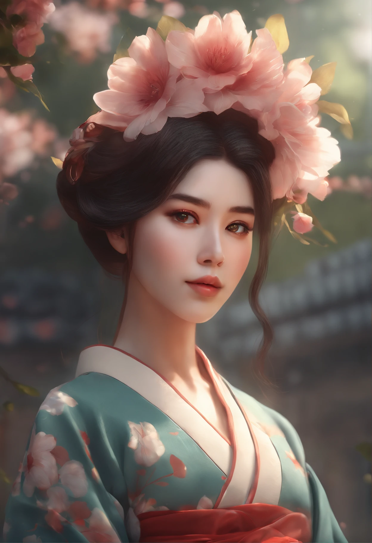 Woman in a kimono with flowers on her head, bela arte digital, Beautiful digital illustration, pintura digital bonita, lindo pintura digital, Arte no estilo de Guweiz, photorealistic anime girl rendering, arte cg anime suave, bela arte digital, Grande arte digital com detalhes, stunning digital illustration, arte de anime digital detalhada, render de abril, retrato bonito do anime