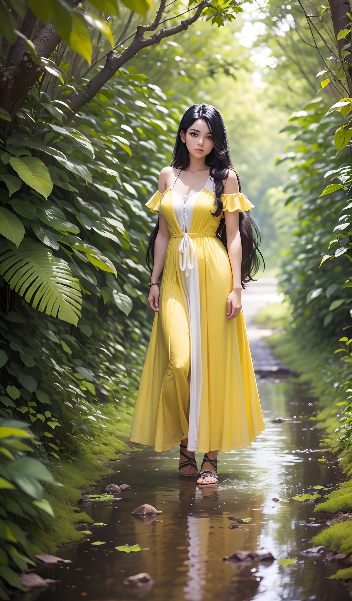a 20 years old beautiful white girl with long black hair, big caramel eyes dressin a wonderful yellow long dress at a landscape in brazil --auto --s2