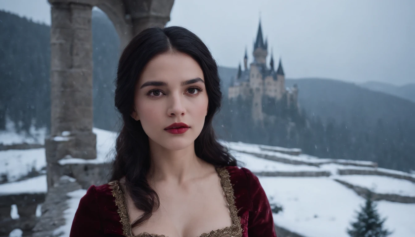 under a moon, young noble woman with black hair and brown eyes stands on a snowy castle balcony overlooking a snow covered landscape, night, wearing crimson gown, midnight, eerie, snow storm, gothic, cinematic, cinematic scene from film, 8k