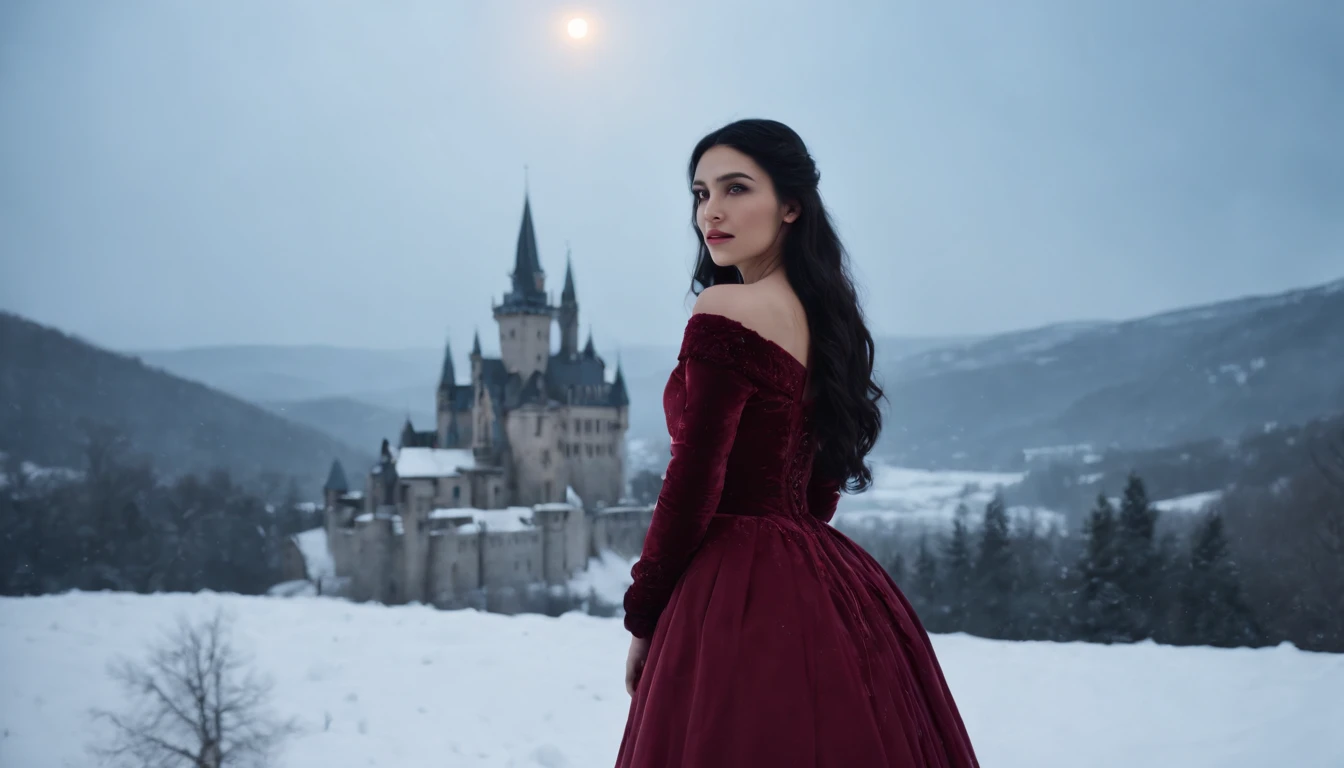 under a moon, young noble woman with black hair and brown eyes stands on a snowy castle balcony overlooking a snow covered landscape, night, wearing crimson gown, midnight, eerie, snow storm, gothic, cinematic, cinematic scene from film, 8k