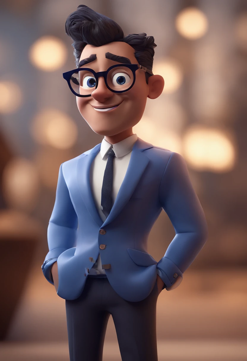 Cartoon character of a man with black glasses and a blue shirt, animation character, Caractere estilizado, animation style rendering, 3D estilizado, Arnold Maya render, 3 d render stylized, toon render keyshot, Personagem 3D, Personagem 3D, 3d rendering stylized, 3 d character render, personagem de desenho animado, Personagem de close up, Pose de personagem,  (Estilo Pixar) (master part:1.2) (Bokeh) (best quality) (pele detalhada) (textura detalhada) (8k) (argila) (Cinematic lighting) (foco nítido