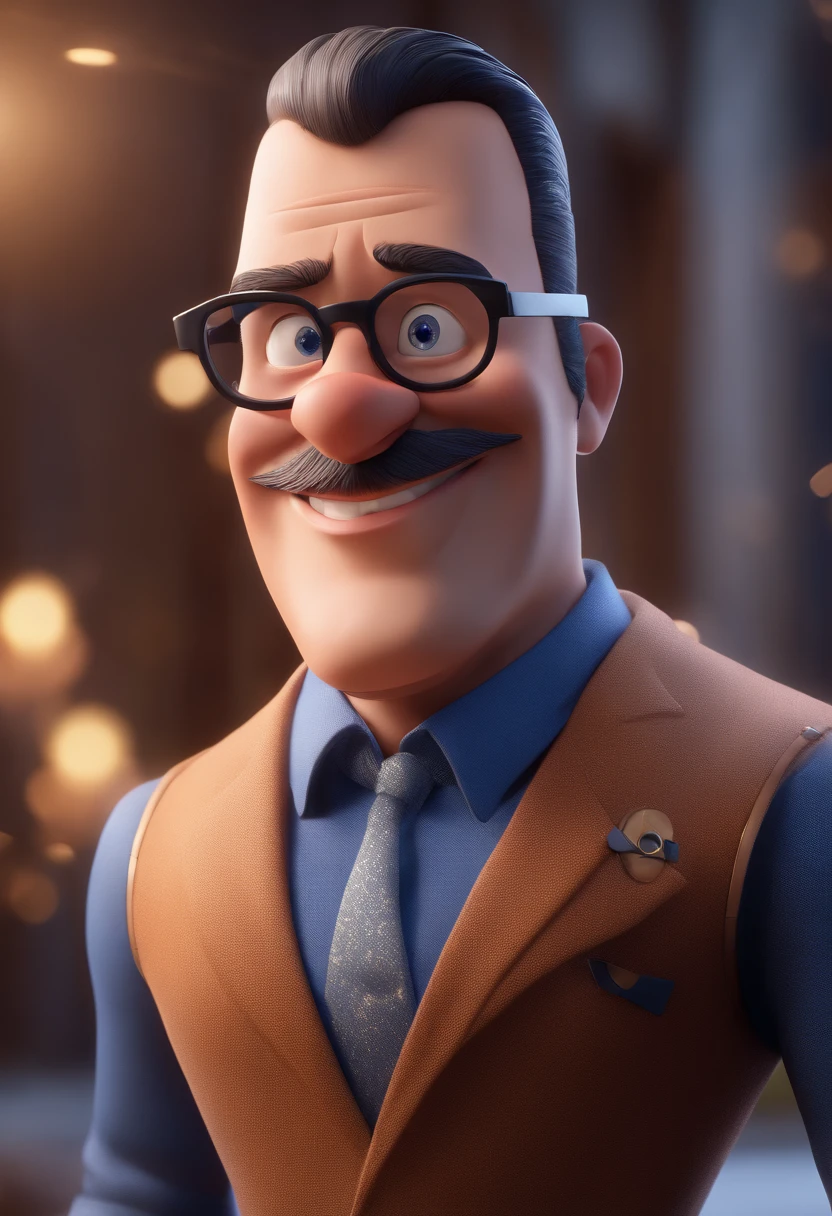 Cartoon character of a man with black glasses and a blue shirt, animation character, Caractere estilizado, animation style rendering, 3D estilizado, Arnold Maya render, 3 d render stylized, toon render keyshot, Personagem 3D, Personagem 3D, 3d rendering stylized, 3 d character render, personagem de desenho animado, Personagem de close up, Pose de personagem, (Estilo Pixar) (master part:1.2) (Bokeh) (best quality) (pele detalhada) (textura detalhada) (8k) (argila) (Cinematic lighting) (foco nítido