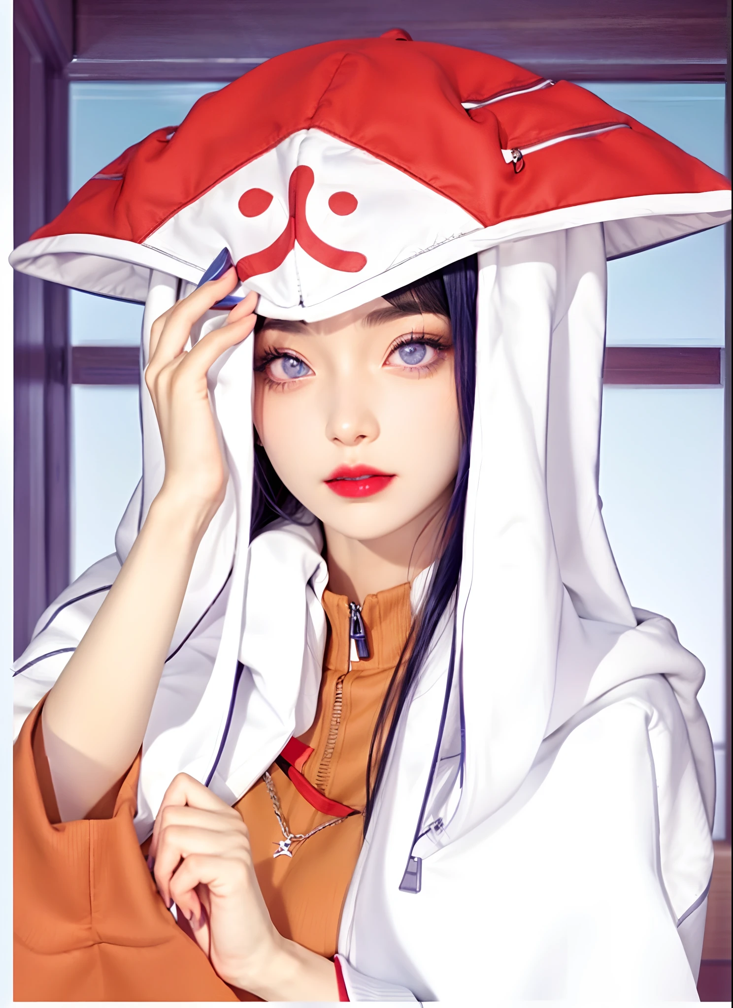 a close up of a person with long hair and a hoodie, hinata hyuga, hinata hyuga from naruto, from naruto, as an anime character, perfect anime face, she has dark blue hair with bangs, female anime character, anime character, anime best girl, hime cut hairstyle, dark blue hair, (red glossy lips:1.3), light purple eyes, big breasts, realistic, ultra detail, indoor background