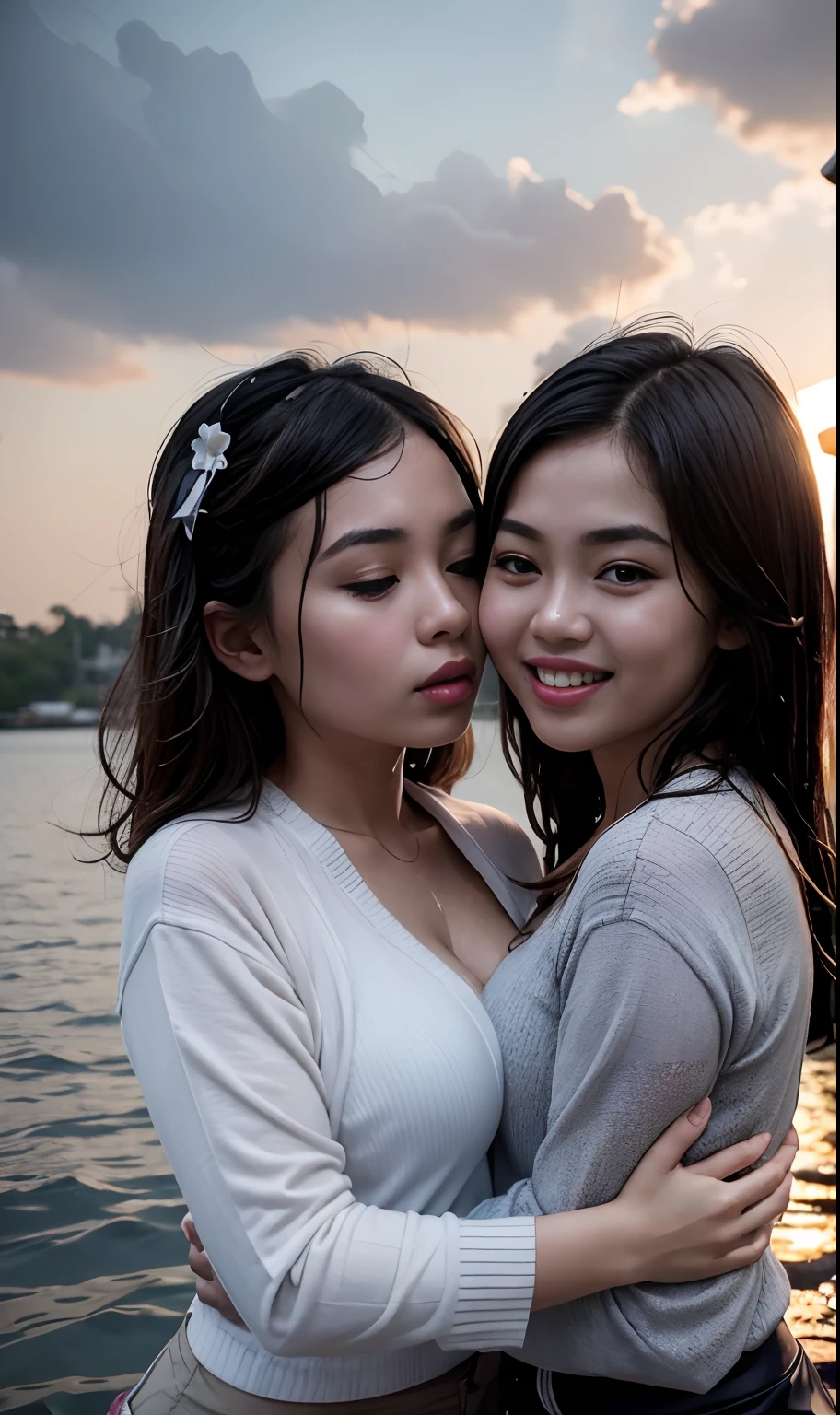 Two Malay girls in hijap, big breasts, hugging in the water, bodies pressed together, eyes closed, full of passion, sexual desire, ((lips touching)), romantic, lively, in the water chest high, masterpiece, best quality, highres, hmsl1, white sweater, purple jacket, flowers, long sleeves, open shirt, black ribbon, sleeves past the wrist, skirt, standing, soaked, splashed, soaked, ((wet clothes)), ((fully dressed)) , watered, soaked