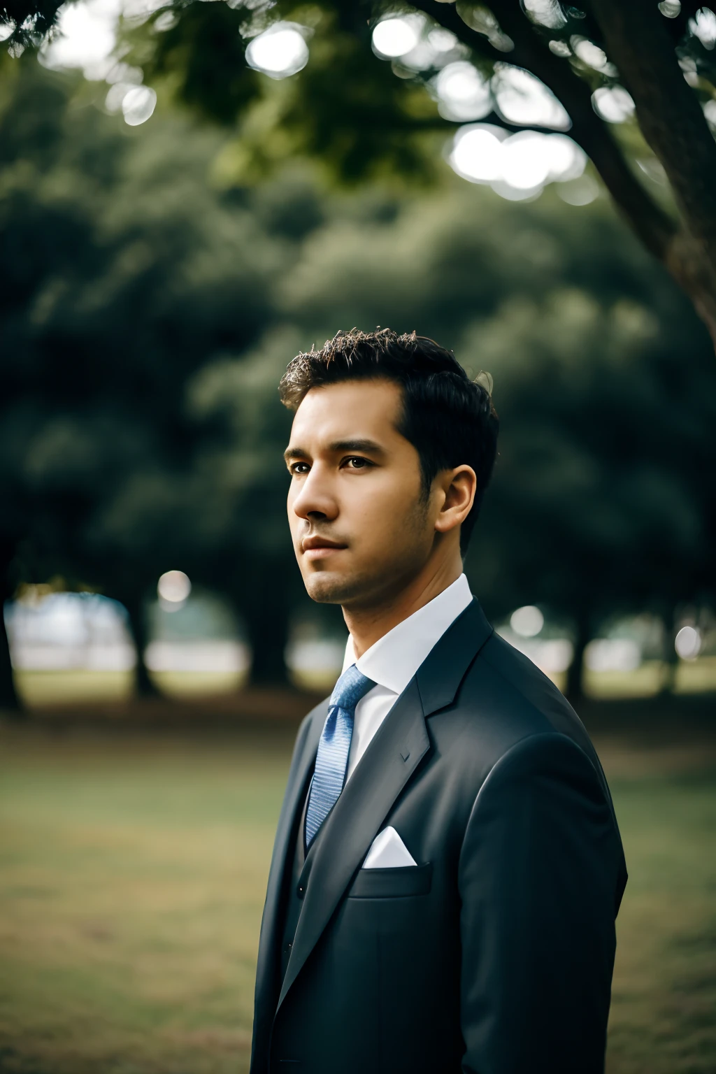 there is a man in a suit and tie standing outside, noivo, imagens de retrato lateral, olhando para o lado dele, olhando para o lado, alessio albi, retrato lateral, retrato de perfil lateral, looking to the side off camera, with a tree in the background, Looking away from the camera, olhando para a sua esquerda, against the backdrop of trees