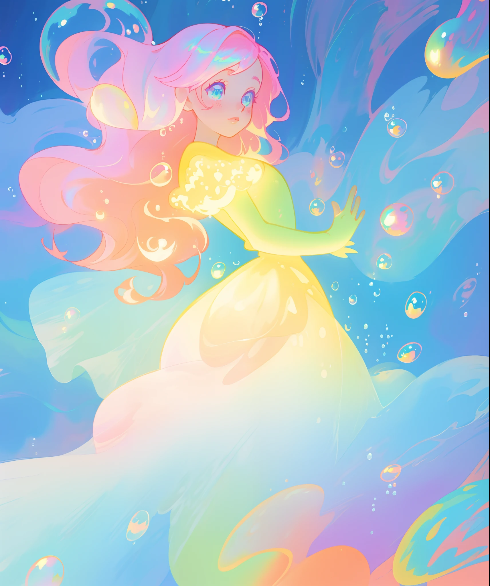 beautiful anime girl in colorful liquid dress, ((hundreds of iridescent bubbles)), vibrant pastel colors, flowing long pink peach hair, beautiful white layered ballgown, (colorful), magical lights, sparkling lines of light, inspired by Glen Keane, inspired by Lois van Baarle, disney art style, by Lois van Baarle, glowing aura around her, by Glen Keane, jen bartel, glowing lights! digital painting, flowing glowing hair, glowing flowing hair, beautiful digital illustration, fantasia background, whimsical, magical, fantasy, beautiful face, ((masterpiece, best quality)), intricate details, highly detailed, sharp focus, 8k resolution, sparkling detailed eyes, liquid watercolor, (((bubbles)))