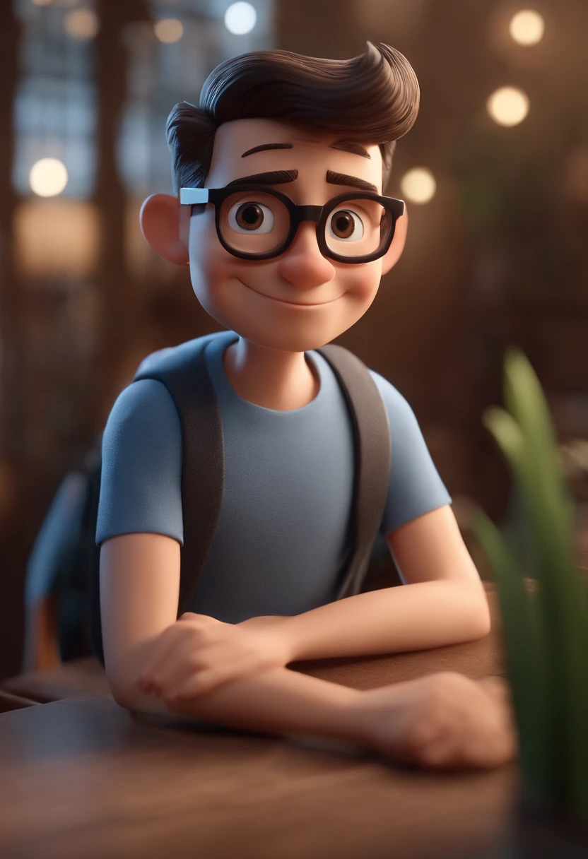 Cartoon character of a young man wearing round gray glasses and a blue shirt, um personagem animado, Caractere estilizado, animation style rendering, 3D estilizado, Arnold Maya render, 3 d render stylized, toon render keyshot, Personagem 3D, Personagem 3D, 3d rendering stylized, 3 d character render, personagem de desenho animado, Personagem de close up, Pose de personagem, (Estilo Pixar) (master part:1.2) (Bokeh) (best quality) (pele detalhada) (textura detalhada) (8k) (argila) (Cinematic lighting) (foco nítido，Sits and empties upper body in a dental office alone