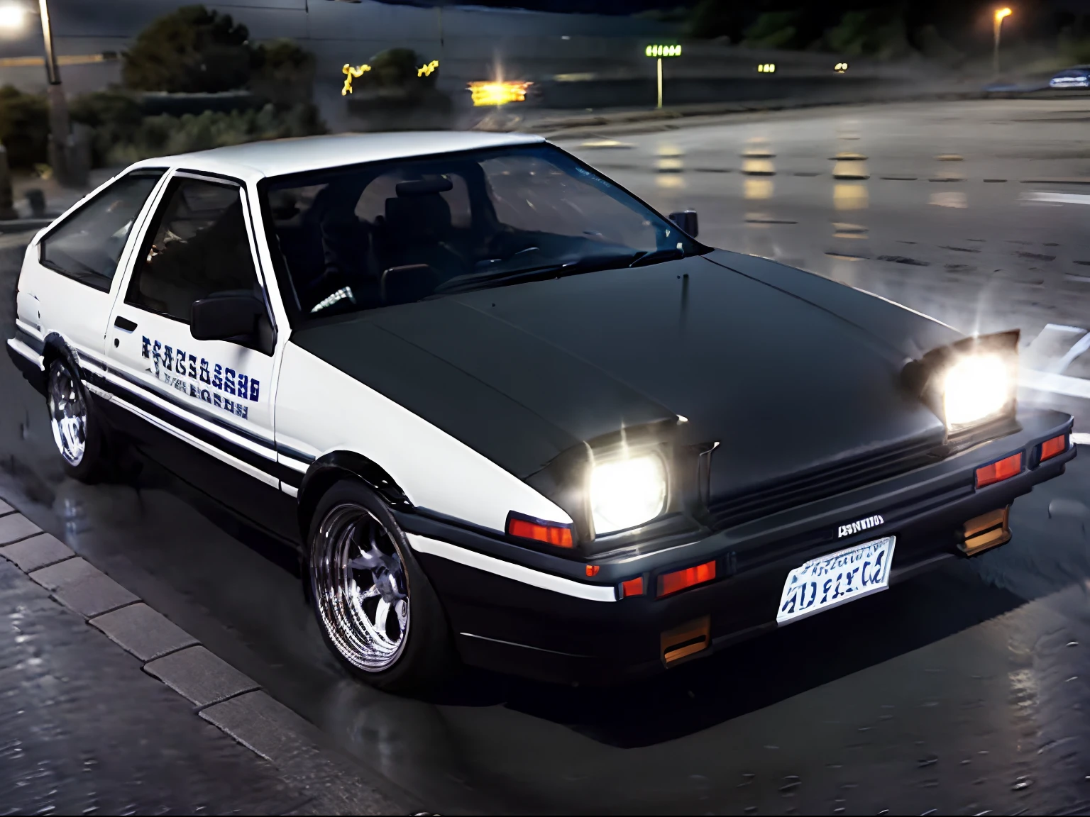 32K Ultra Hi-Vision、Photorealsitic、Raw photo、hiquality、Photo Contest Winners、Toyota AE86 Trueno seen from the front、((Drive along the highway in Tokyo with a beautiful night view))、(Convertible car specifications:1.0)、((Carbon bonnet specification))、(Rain-soaked road surface、Headlights reflecting on the road surface:1.2)、(Beautiful night view、Background blur:0.7)