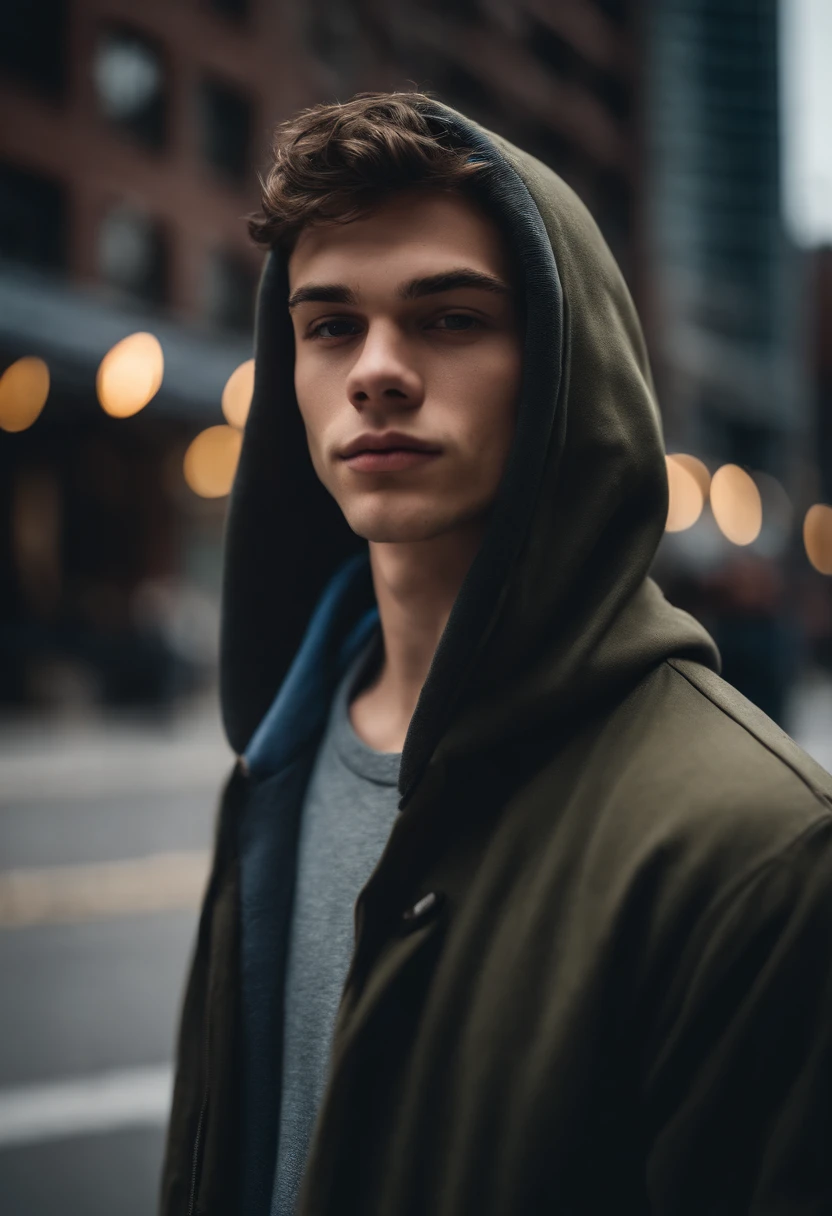 Portrait of a handsome male model in downtown Toronto in the afternoon, 18 ans, hoodie, sans barbe, with short wavy hair, yeux bleus, thick lips