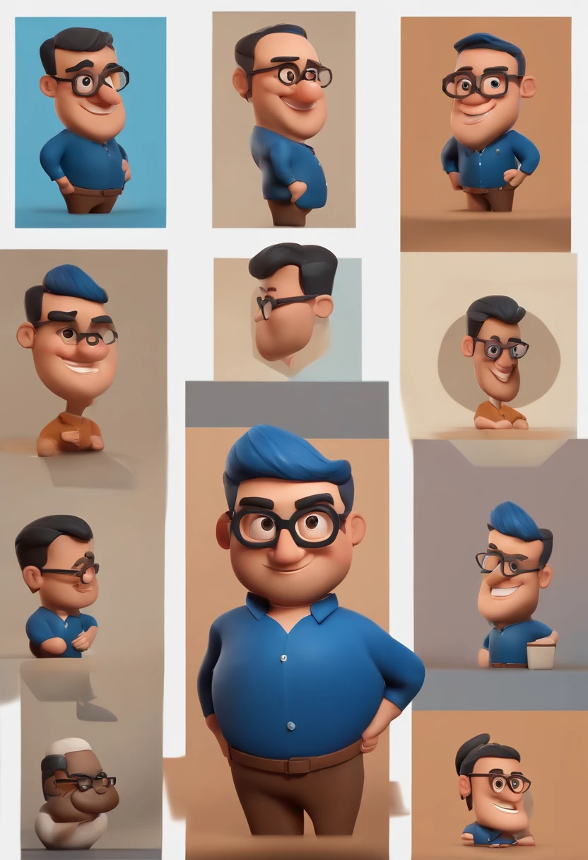 Cartoon character of a man wearing black glasses and a blue shirt, um personagem animado, Caractere estilizado, animation style rendering, 3D estilizado, Arnold Maya render, 3 d render stylized, toon render keyshot, Personagem 3D, Personagem 3D, 3d rendering stylized, 3 d character render, personagem de desenho animado, Personagem de close up, Pose de personagem, (Estilo Pixar) (master part:1.2) (Bokeh) (best quality) (pele detalhada) (textura detalhada) (8k) (argila) (Cinematic lighting) (foco nítido,Senta e vaza a parte superior do corpo