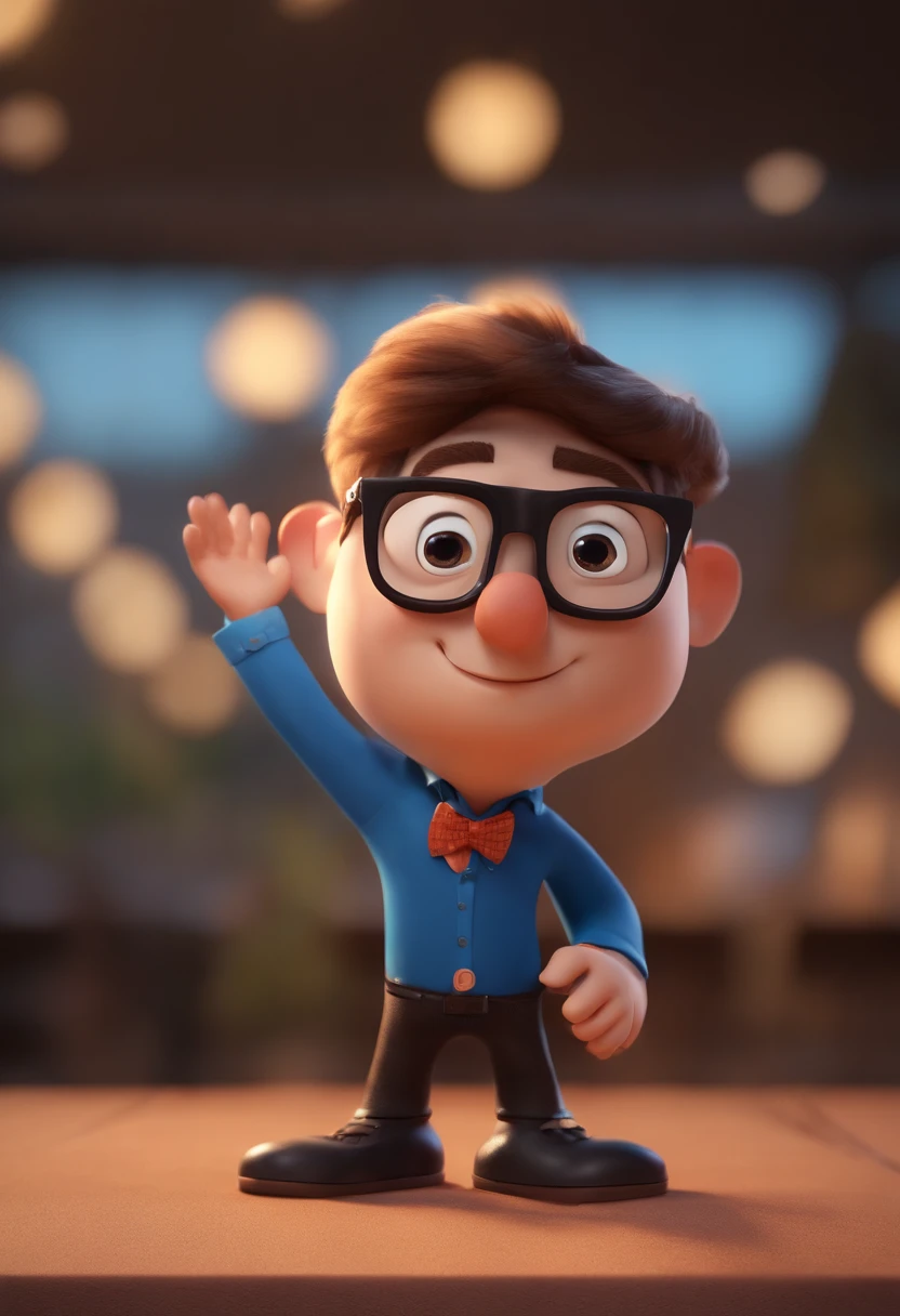 Cartoon character of a man wearing black glasses and a blue shirt, um personagem animado, Caractere estilizado, animation style rendering, 3D estilizado, Arnold Maya render, 3 d render stylized, toon render keyshot, Personagem 3D, Personagem 3D, 3d rendering stylized, 3 d character render, personagem de desenho animado, Personagem de close up, Pose de personagem, (Estilo Pixar) (master part:1.2) (Bokeh) (best quality) (pele detalhada) (textura detalhada) (8k) (argila) (Cinematic lighting) (foco nítido,Senta e vaza a parte superior do corpo