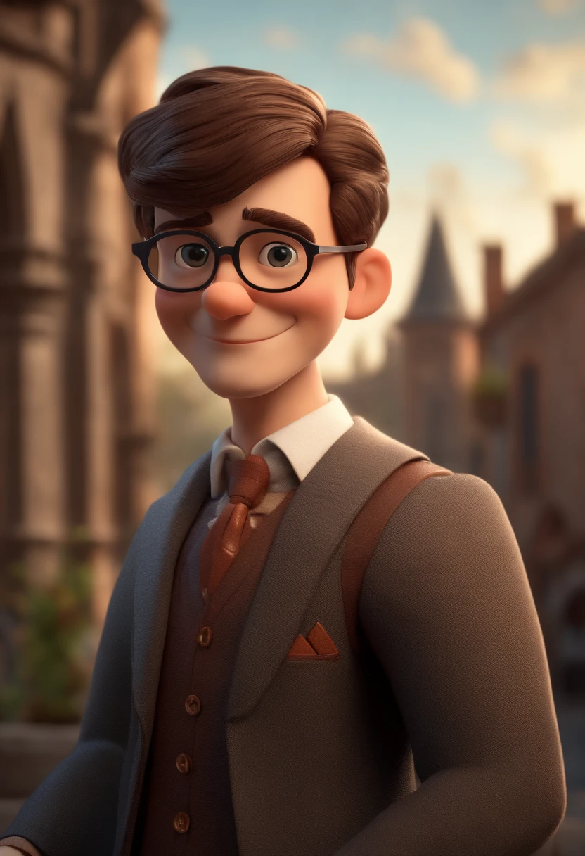 Cartoon Character of a Man with Glasses Style Harry Porter Tall 1.90 e uma camiseta preta, Beard and shaved hair animation character, Caractere estilizado, animation style rendering, 3D estilizado, 3 d render stylized, toon render keyshot, Personagem 3D, Personagem 3D, 3d rendering stylized, 3 d character render, personagem de desenho animado, Personagem de close up, Pose de personagem, (Estilo Pixar) (master part:1.2) (Bokeh) (best quality) (pele detalhada) (textura detalhada) (8k) (argila) (Cinematic lighting) (foco nítido