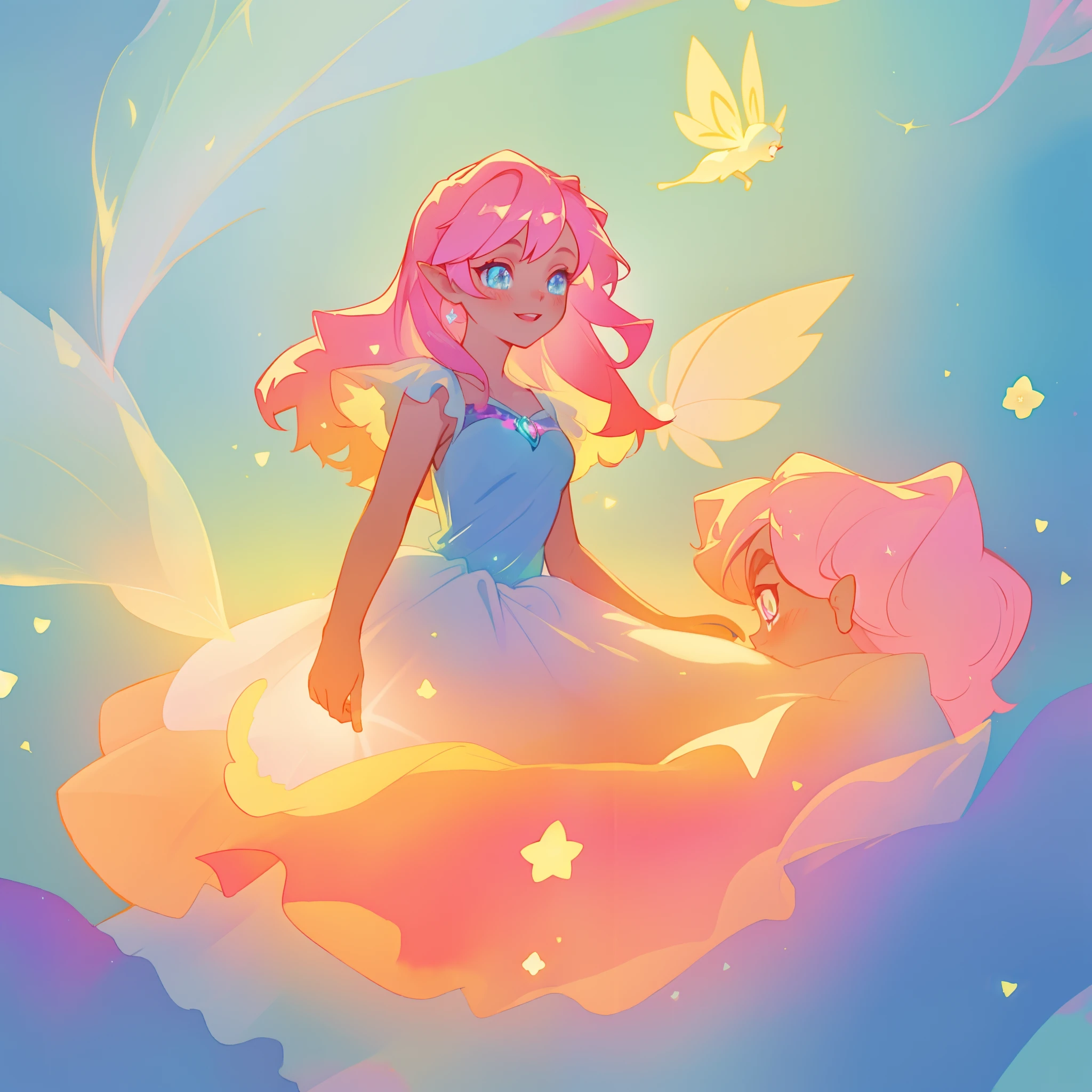 beautiful girl, gradient layered ballgown with a flower skirt, tiered flower fairy dress, fairy queen, pixie gown, vibrant pastel colors, (colorful), glowing golden long hair, magical lights, sparkling magical liquid, glowing aura around her, fantasia background, whimsical, magical, fantasy, ((masterpiece, best quality)), intricate details, highly detailed, sharp focus, 8k resolution, sparkling detailed eyes, liquid watercolor