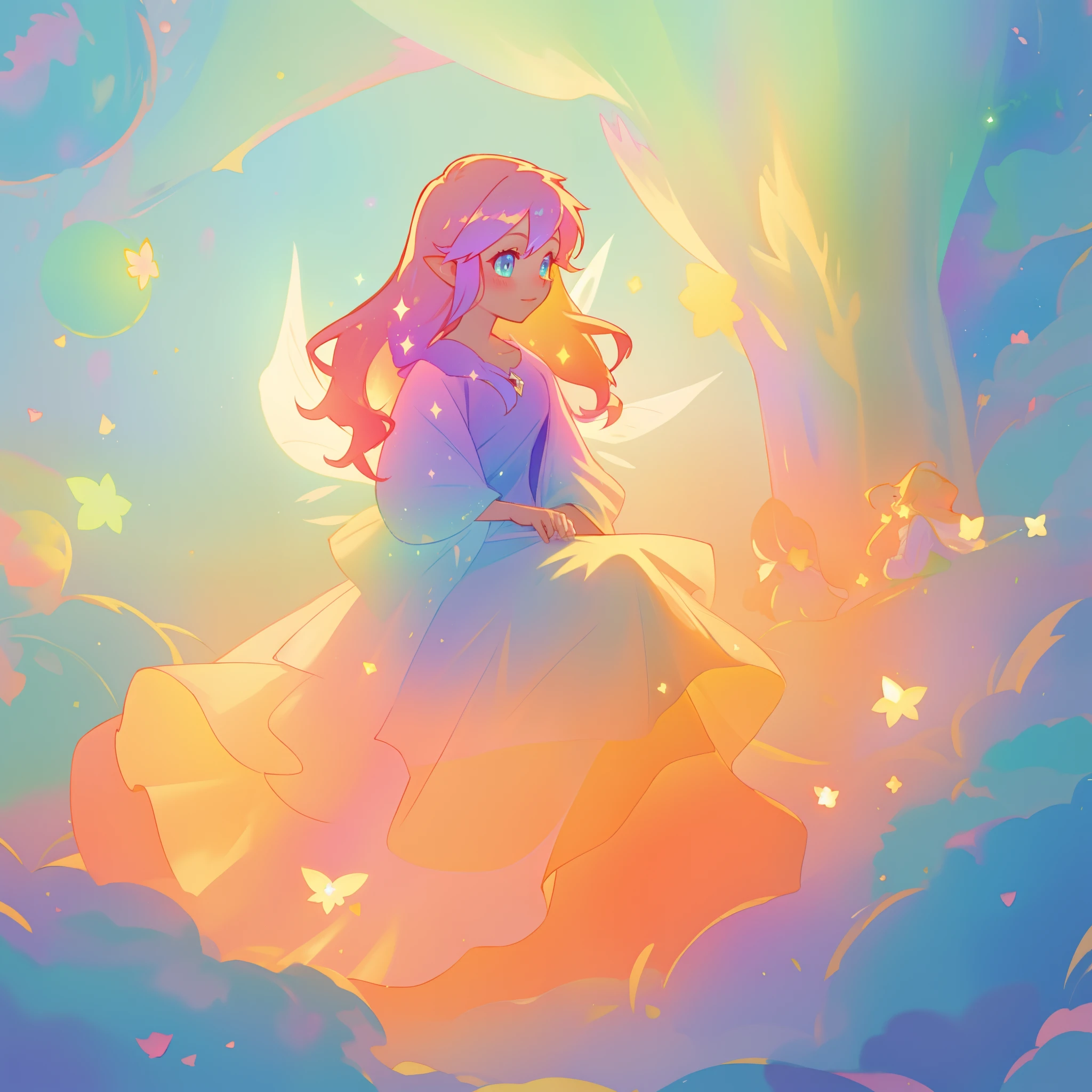beautiful girl, gradient layered ballgown with a flower skirt, tiered flower fairy dress, fairy queen, pixie gown, vibrant pastel colors, (colorful), glowing golden long hair, magical lights, sparkling magical liquid, glowing aura around her, fantasia background, whimsical, magical, fantasy, ((masterpiece, best quality)), intricate details, highly detailed, sharp focus, 8k resolution, sparkling detailed eyes, liquid watercolor