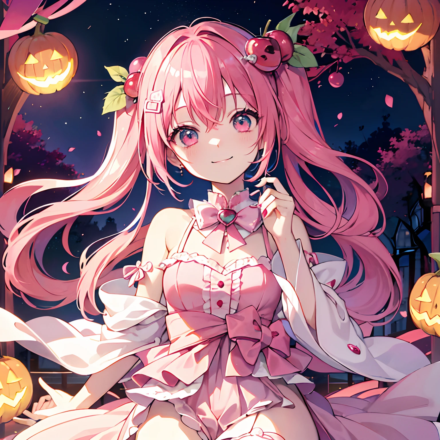 (top-quality、masutepiece)、(((Delicat eyes)))、miku hatsune、A slight smil、Cherry hair ornament、Light pink hair、Pink eyes、pink color clothes、nightcity、Pumpkin Objects