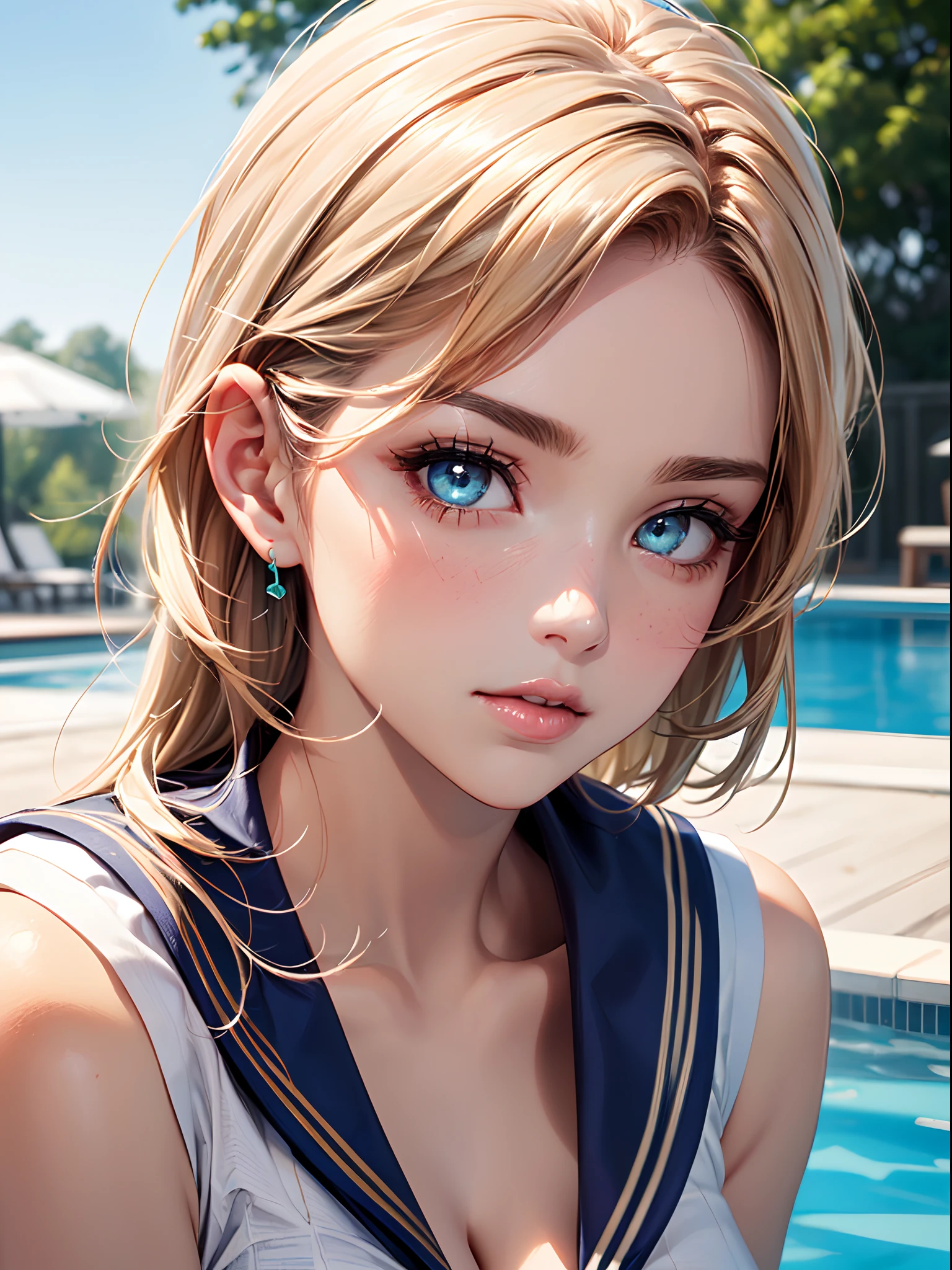 close up of upper body,  (large breasts), (cleavage),  ((Smooth texture, Realistic texture, Photorealistic)),  (Detailed beautiful eyes, Beautiful eyelashes, emerald eyes), blonde medium hair, extremely detailed CG unified 8k wallpaper, very fine 8KCG wallpaper, (​masterpiece, Best Quality), High resolution, Ultra-detailed, ultra-sharp, 1 woman,  at poolside,  ((( shee rwhite sailor shirt, Sleeveless, Open front))),   (Beautiful face, Cute face, Detailed face),   (((Sunny))), Perfect Eyes Eyes