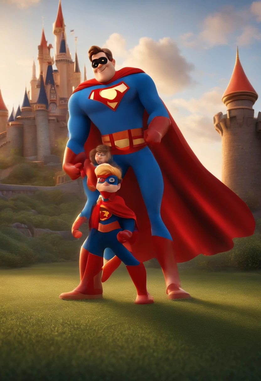 make a boy
He's 4 
Type of Disney cartoon
He's with his father, Your father is dressed as a superhero.
Pixar, ..3d, Disney