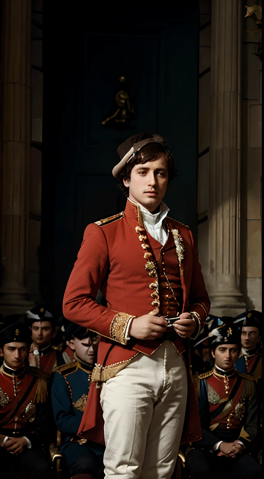 "Generate an image that captures the moment of allegiance shifting, as soldiers switch sides to join Napoleon Bonaparte after his daring confrontation with King Louis XVIII's troops."