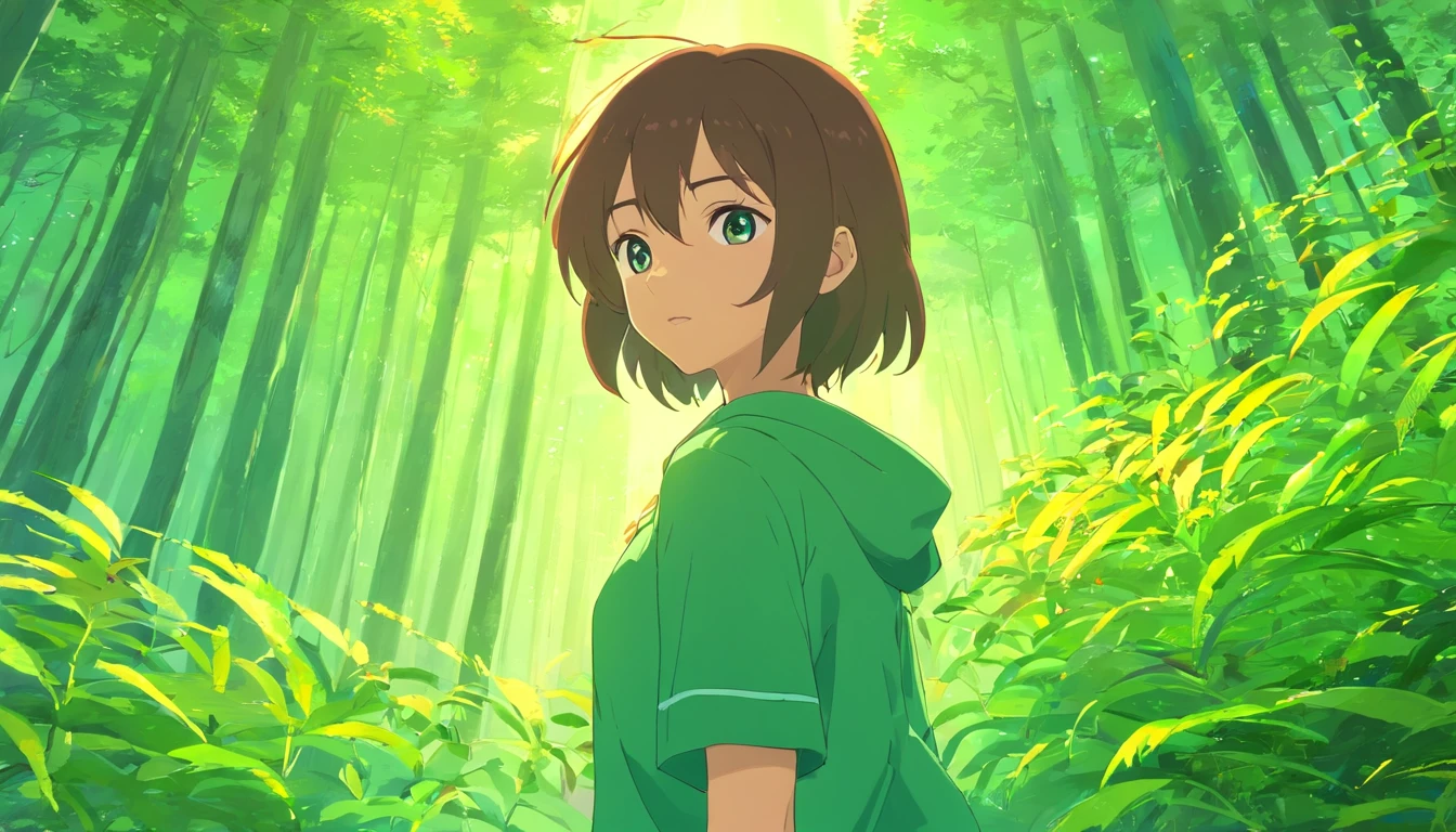 Garota bonita ,cabelos verdes ,olhos verdes,pele parda,floresta mistica ,olhar confiante,anime