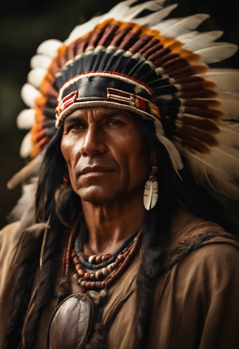 Hyperrealistic cinematic image of a native Indian with feathers on his head, Arte nativa americana, Indian warrior, Nativo americano, Guerreiro nativo americano, Arte nativa, Um guerreiro nativo americano, indigenous man, eagle feather, Guerreiro habilidoso do Apache, warrior spirit, american indian headdress, indigenous art, : native american shamen fantasy, Indigenous, native american folk art, Fotografia de arte indianarrealista, fotografia, obra-prima, realista, Realismo, renderizado, Alto contraste, digital art photographyrealistic trend in Artstation 8k HD high definition detailed realistic, detalhado, textura da pele, hiper detalhado, textura de pele realista, armadura, melhor qualidade, ultra high-resolution, (fotografiarrealista: 1.4), alta resolução, detalhado, Calado bruto, sharp re, por lee jeffries Nikon D850 Filme Fotografia de Stock 4 Kodak Portra 400 Lente F1.6 Rich Colors Realistic Texture Dramatic Texture Dramatic Lighting Irrealengine Trend on Artstation Cinestill 800