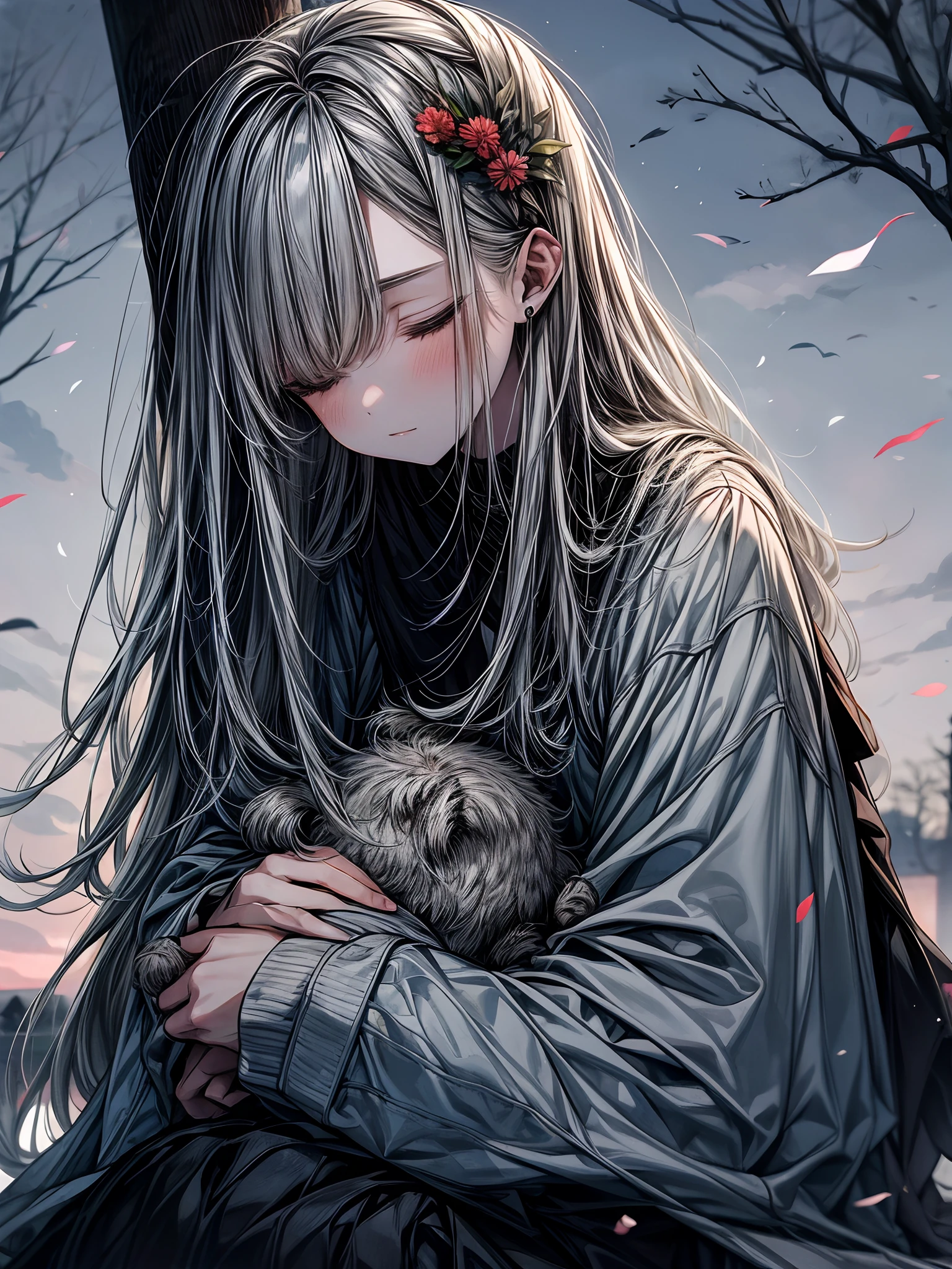 The sky is dyed grey,
The wind is cold and blows
tree々Drop leaves
flower々falls asleep