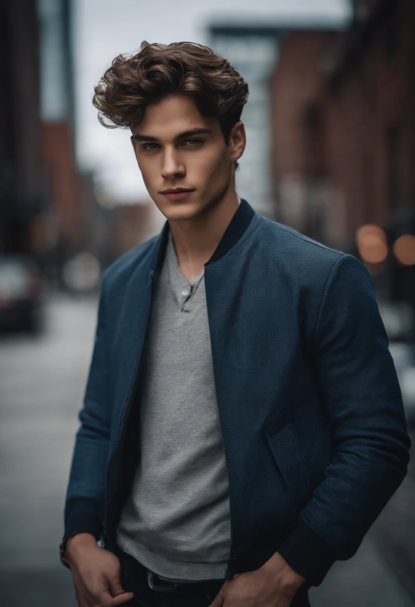 Portrait of a handsome male model in downtown Toronto during the day, 18 ans, jacket, sans barbe, with short wavy hair, yeux bleus, thick lips