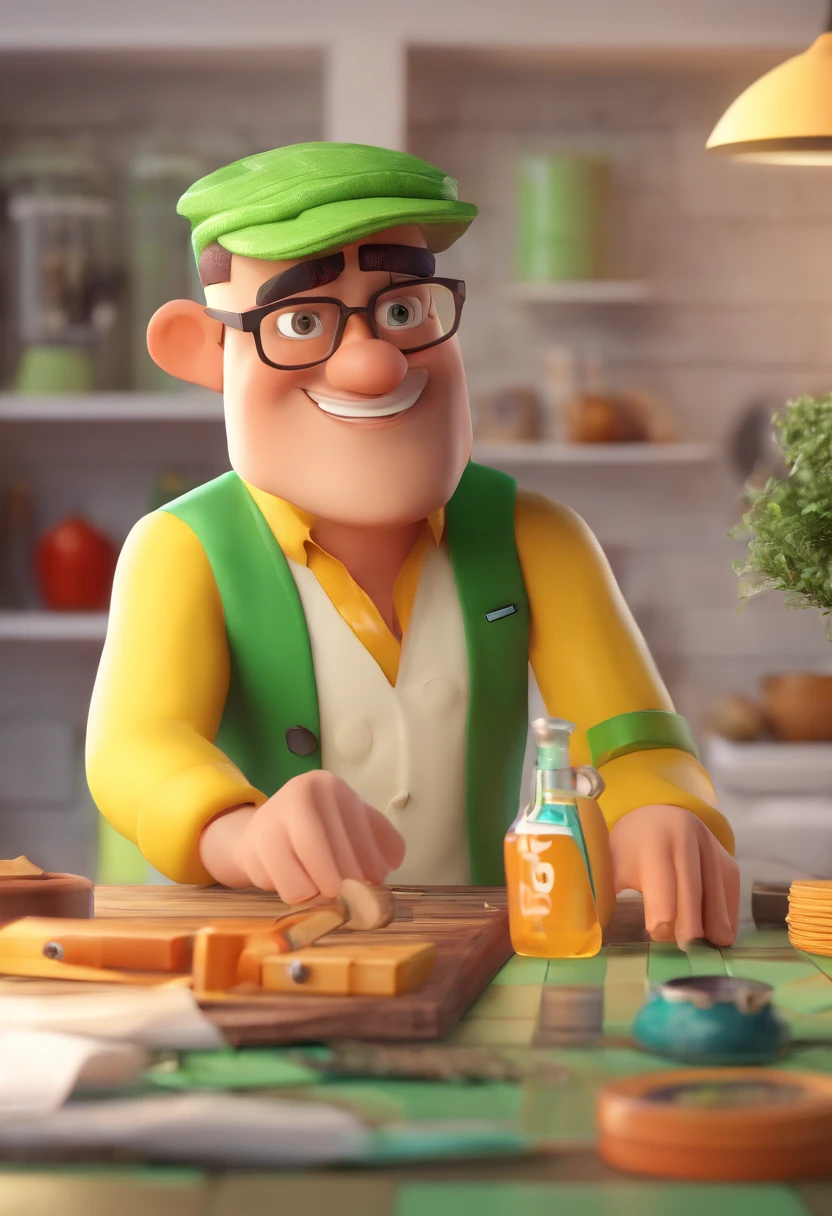 Estilo Pixar: homem forte branco de olhos verdes careca 40 anos com barba curta no queixo , estilo barman