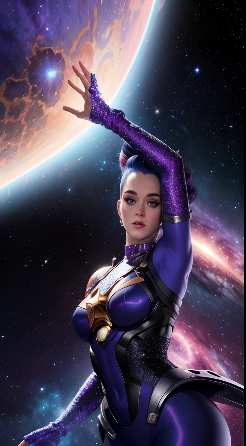 retrato, obra prima, extremamente detalhado, outer space, estrelas, Nebulosas, galaxias, Planetas, uma bela mulher, ((Katy Perry)) Super Villain, Gigantic in outer space, corpo lindo, She's the female version of Galactus, com poderes cosmicos, sombria, 8K ultra detalhado, realista