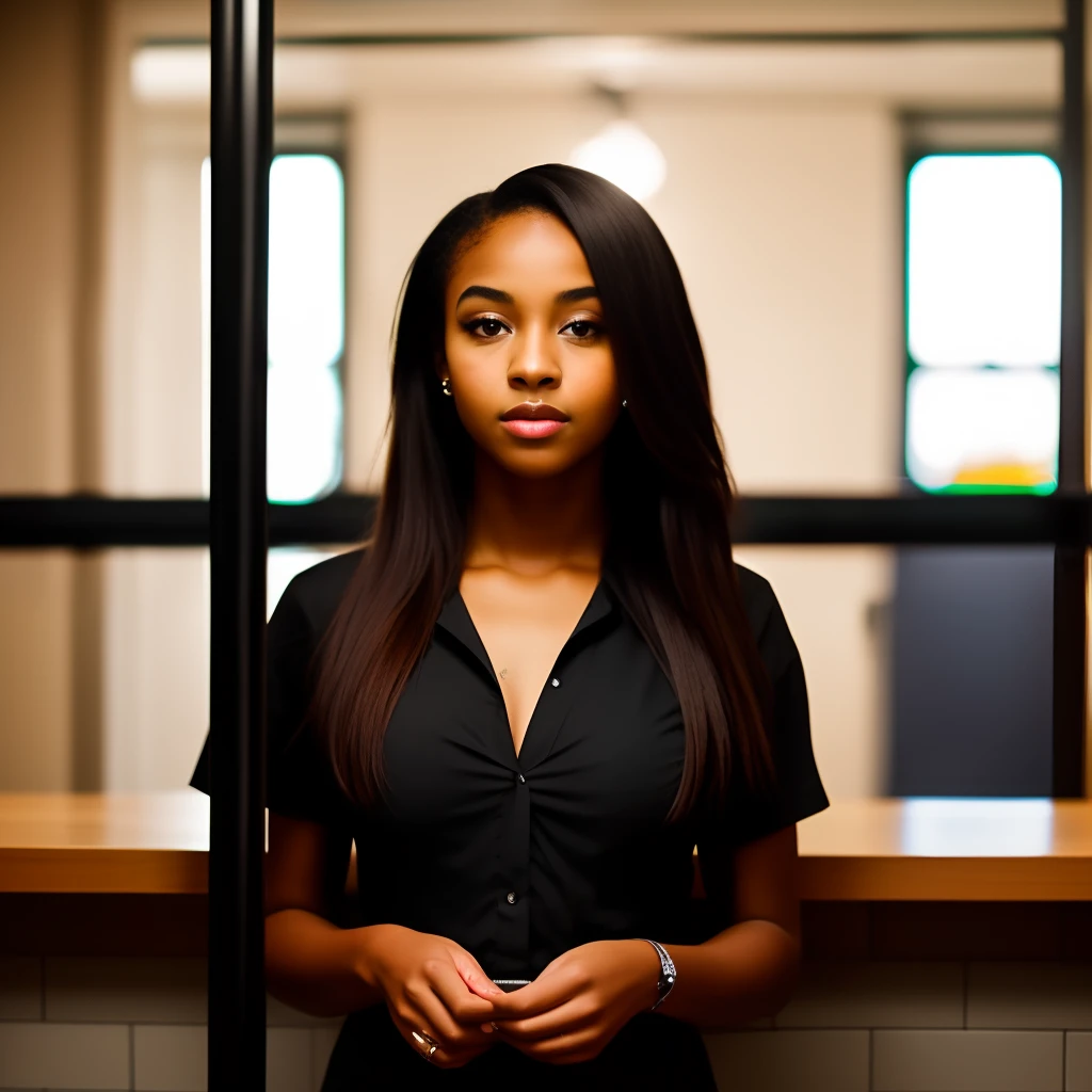 Beautiful young black girl. Medium length hair. Big green eyes. Slender figure. Tight outfit. Standing behind bar.