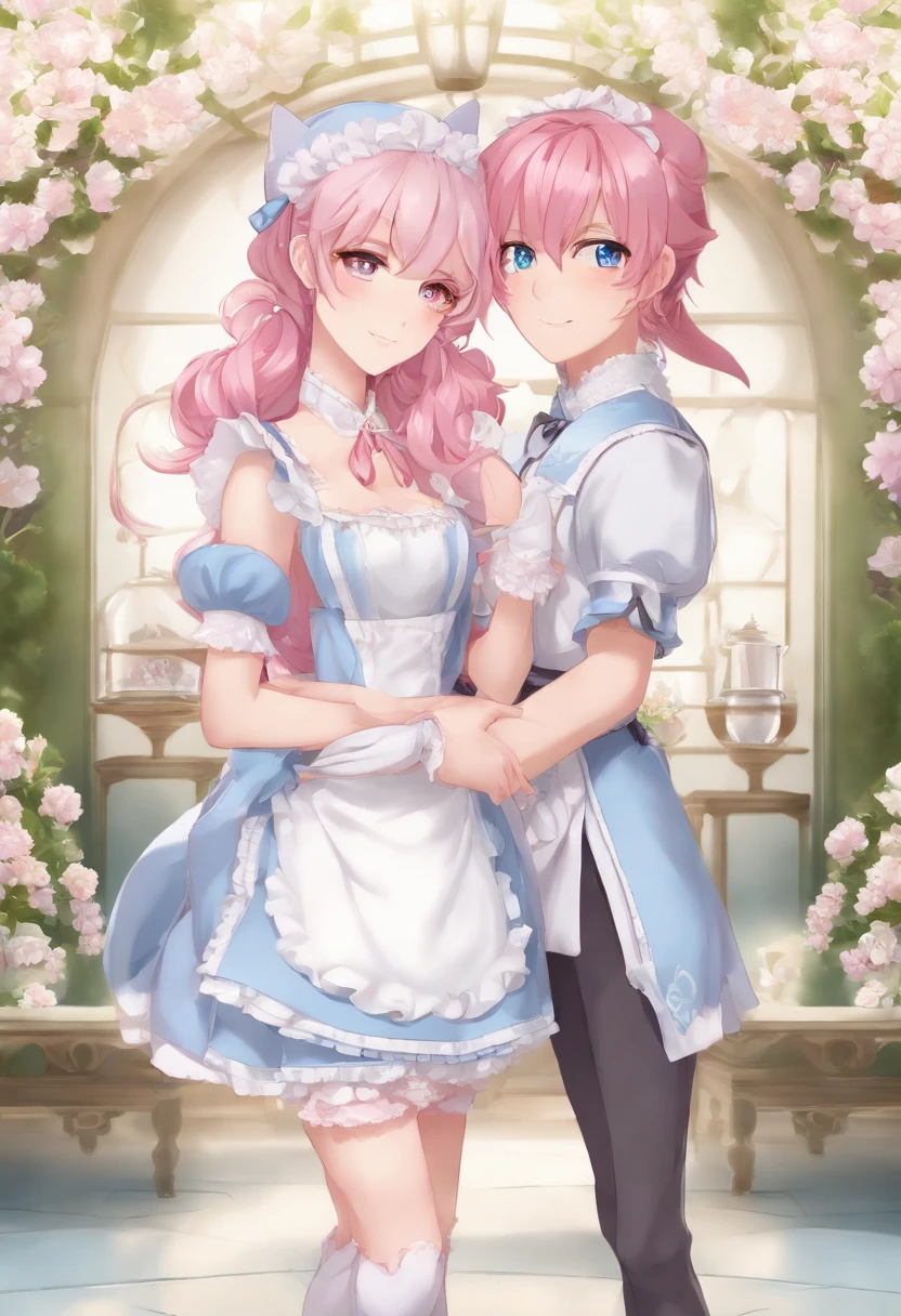 Anime character with pink hair and blue eyes holding hands, Hand to hand with each other,Twin-tailed, 2 d anime style, Anime Maid, 2 D Anime, Lori, dragon, In live action, cel shaded anime, In a Japanese anime style, anime moe art style, anime cat girl in a maid costume, Blue Maid Outfit and Pink Maid Outfit