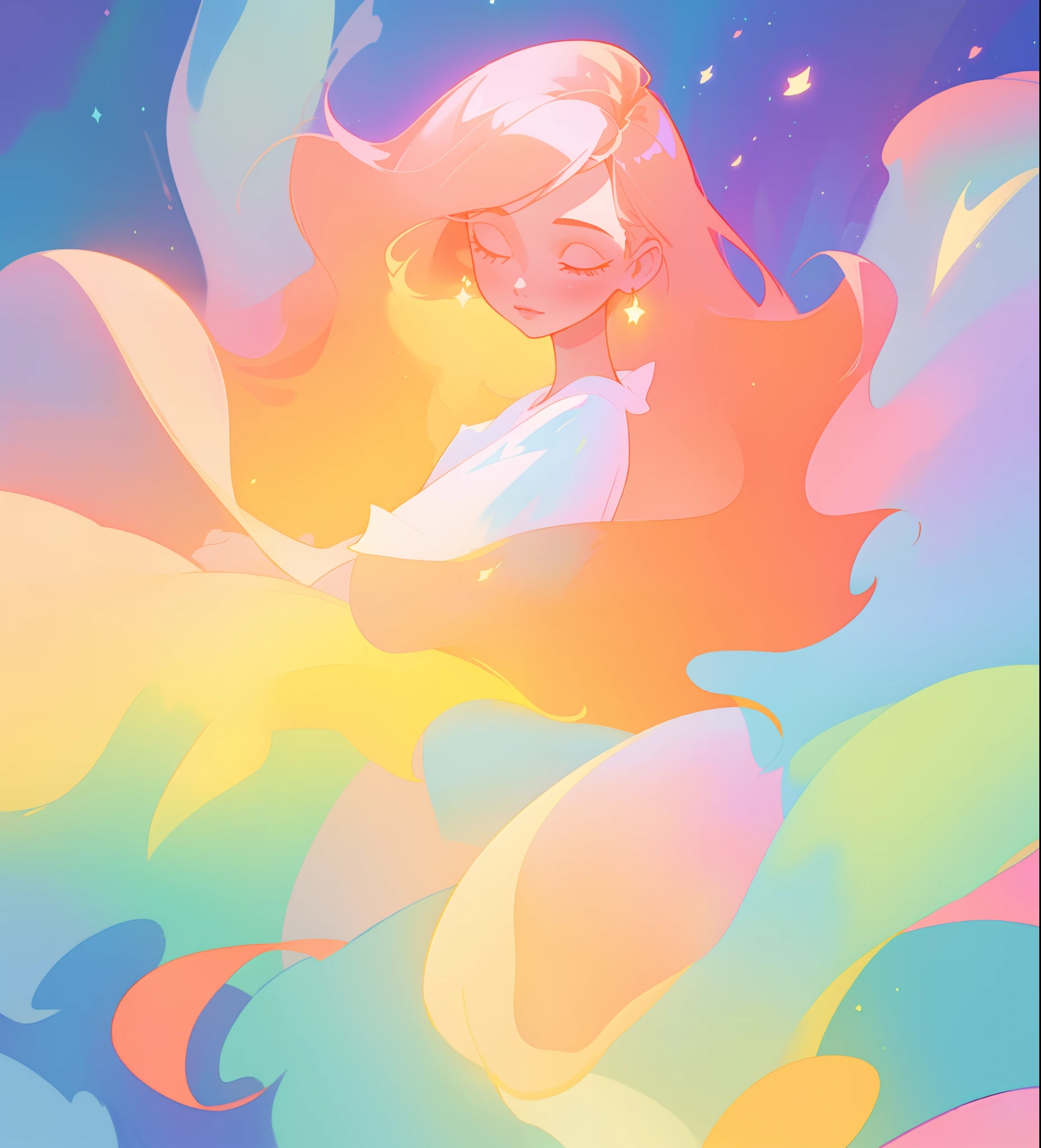 beautiful girl in flowing white dress, vibrant pastel colors, (colorful), magical lights, long flowing colorful peach hair, inspired by Glen Keane, inspired by Lois van Baarle, disney art style, by Lois van Baarle, glowing aura around her, by Glen Keane, jen bartel, glowing lights! digital painting, flowing glowing hair, glowing flowing hair, beautiful digital illustration, fantasia background, whimsical, magical, fantasy, beautiful face, ((masterpiece, best quality)), intricate details, highly detailed, sharp focus, 8k resolution, sparkling detailed eyes, liquid watercolor